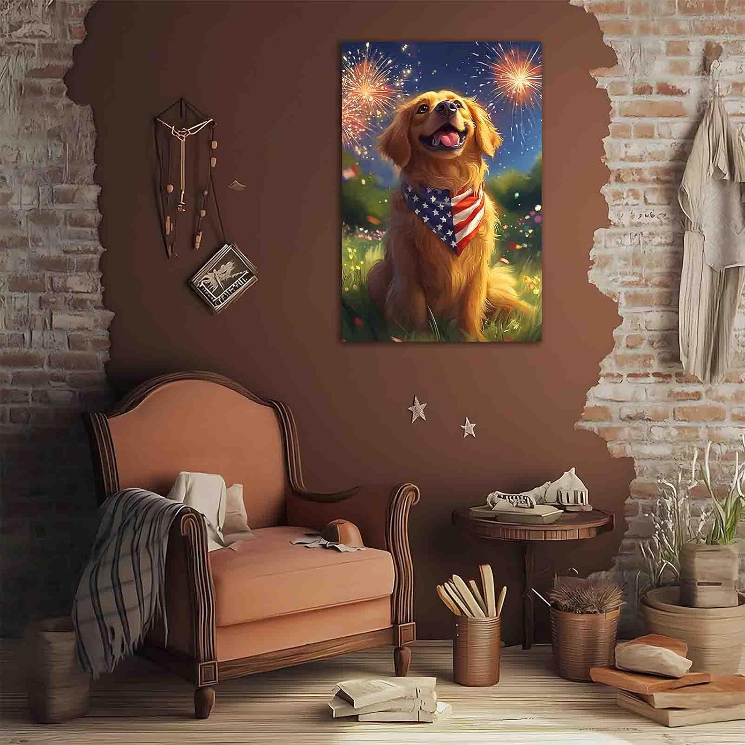 FOTRIC 4th of July Dog Patriotic Wall Art Golden Retriever Patriotic Garden Flag Canvas Independence Day Puppy Pictures Print Wall Decor Lover Dogs Home Decor Wooden Frame 8x12 inch