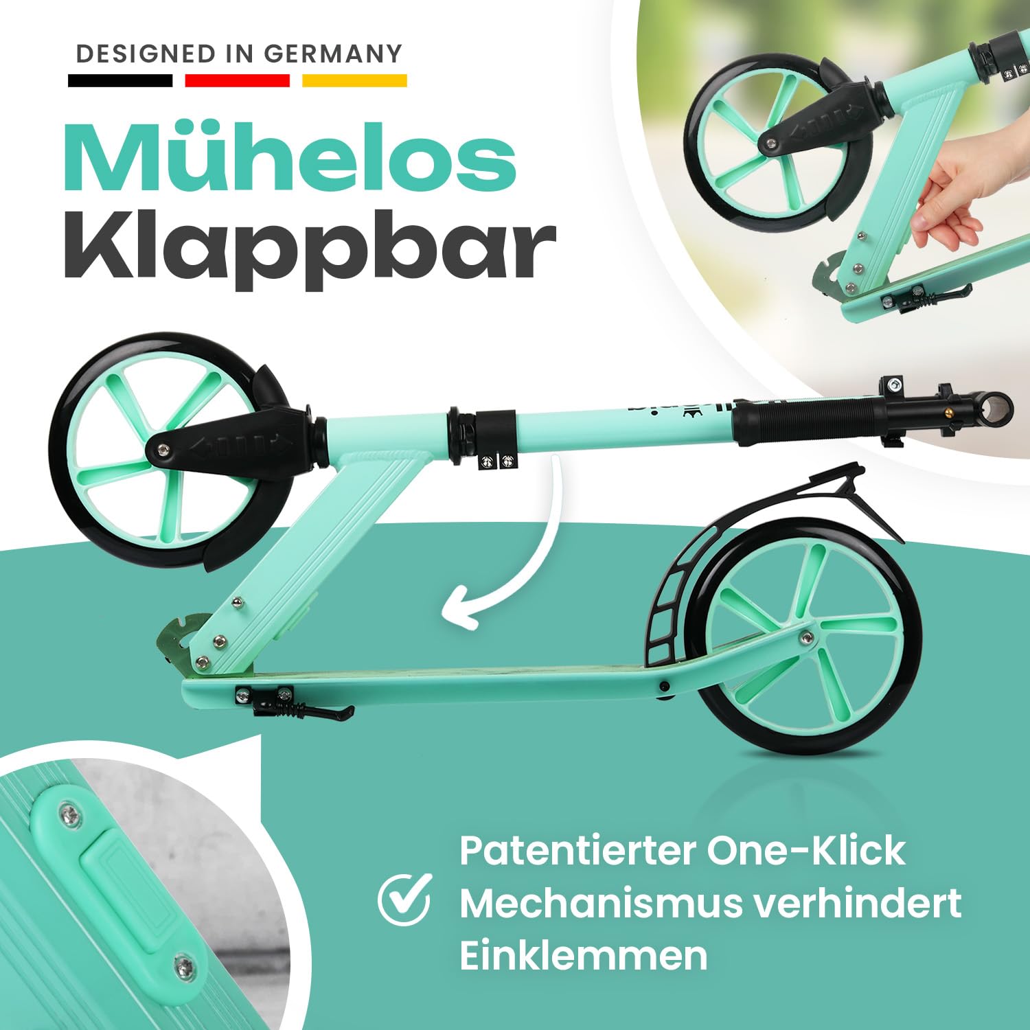 Rollkönig ® Scooter für Kinder ab 5 Jahren I Der Faltbare City-Scooter mit großen Rädern I Tret-Roller für Erwachsene mit bis zu 100kg Tragkraft