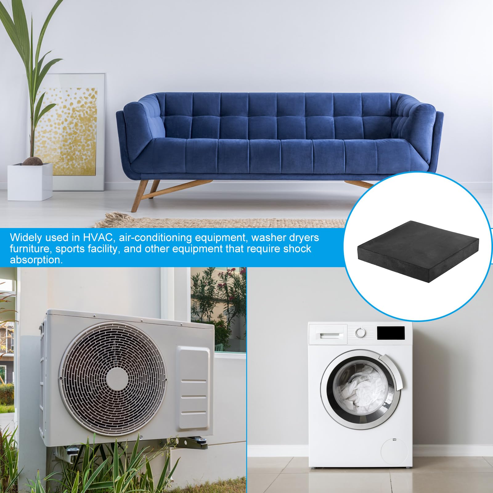 PATIKIL Almohadillas de Goma Antivibración 2 Unidades Almohadillas de Aislamiento de Vibración Cuadradas de 5.91" x 5.91" x 1" para HVAC Compresor de Aire Lavadora Negro