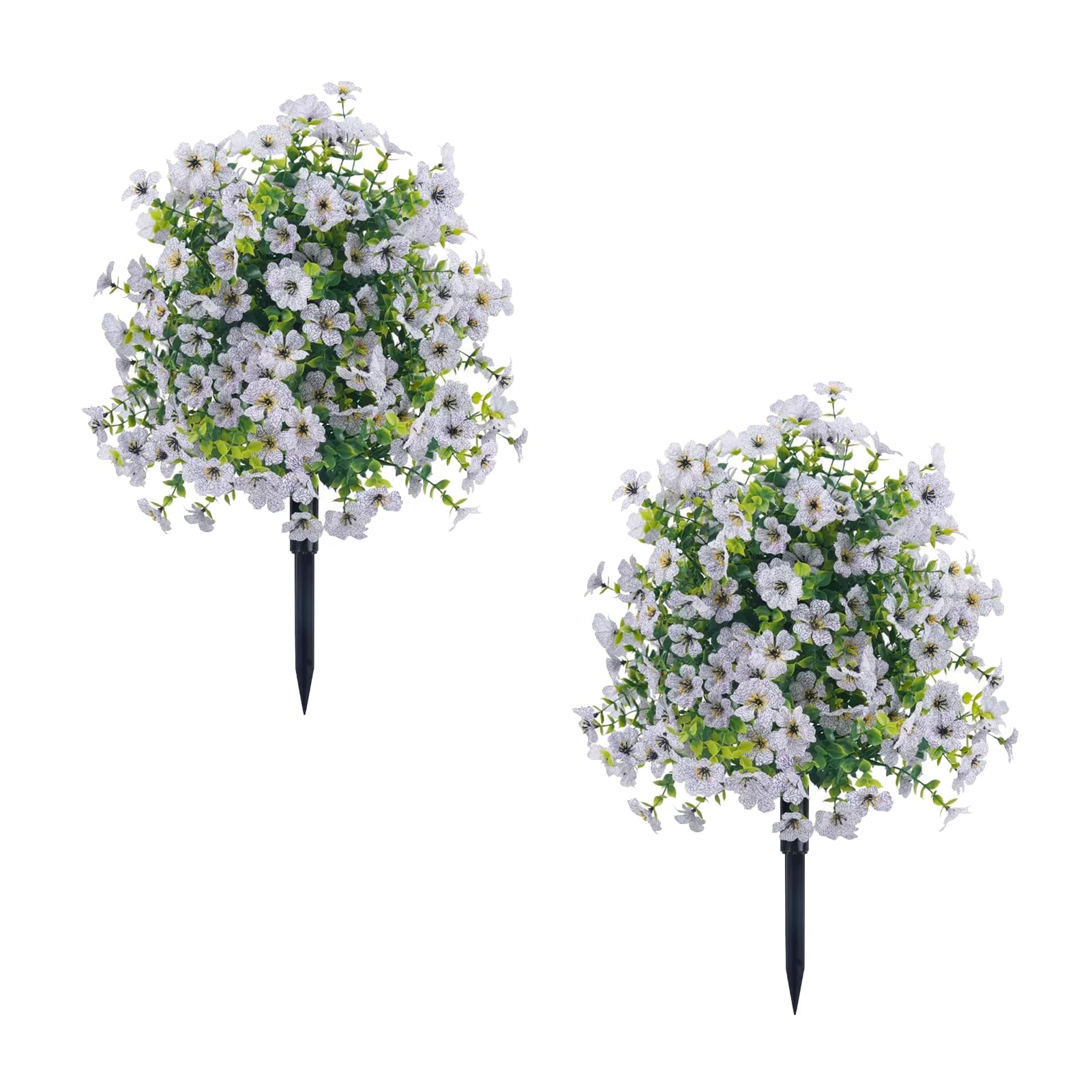 DATOUJL 2PCS 60cm Artificial Boxwood Topiary Ball Trees with Violet Flowers, UV Resistant Faux Plants Outdoor with Ground Spike, Lifelike Fake Shrubs for Porch Garden Home Decor (White)