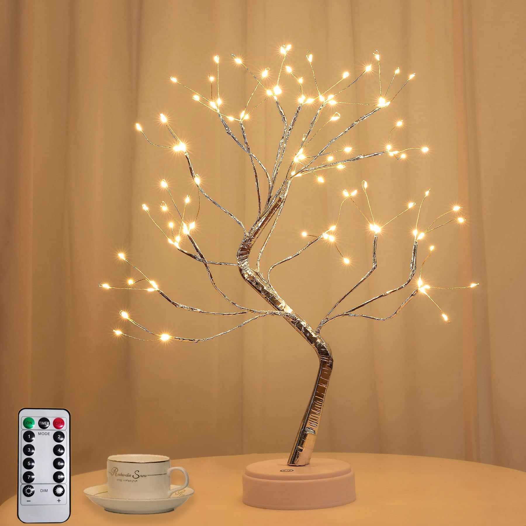 Arbol Luces LED, 108 LED Arbol Lampara con Mando a Distancia, 8 Modos Árbol Iluminado de Mesa Bonsái, Funciona con Batería/USB, Lampara Bonsai para Decoración del Hogar, Navidad, Regalos-Blanco Cálido