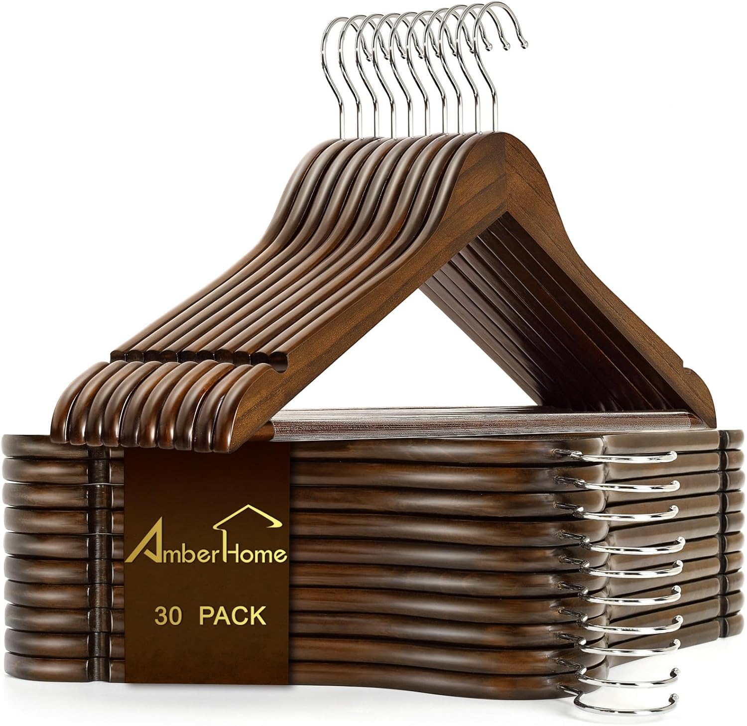 Amber Home 30 Unidades 44,5cm Perchas de Madera Retro, Antiguo Marrón Percha para Camisetas Camisas Trajes Abrigos Vestidos Tirantes Bodas, con Varilla y Ranuras