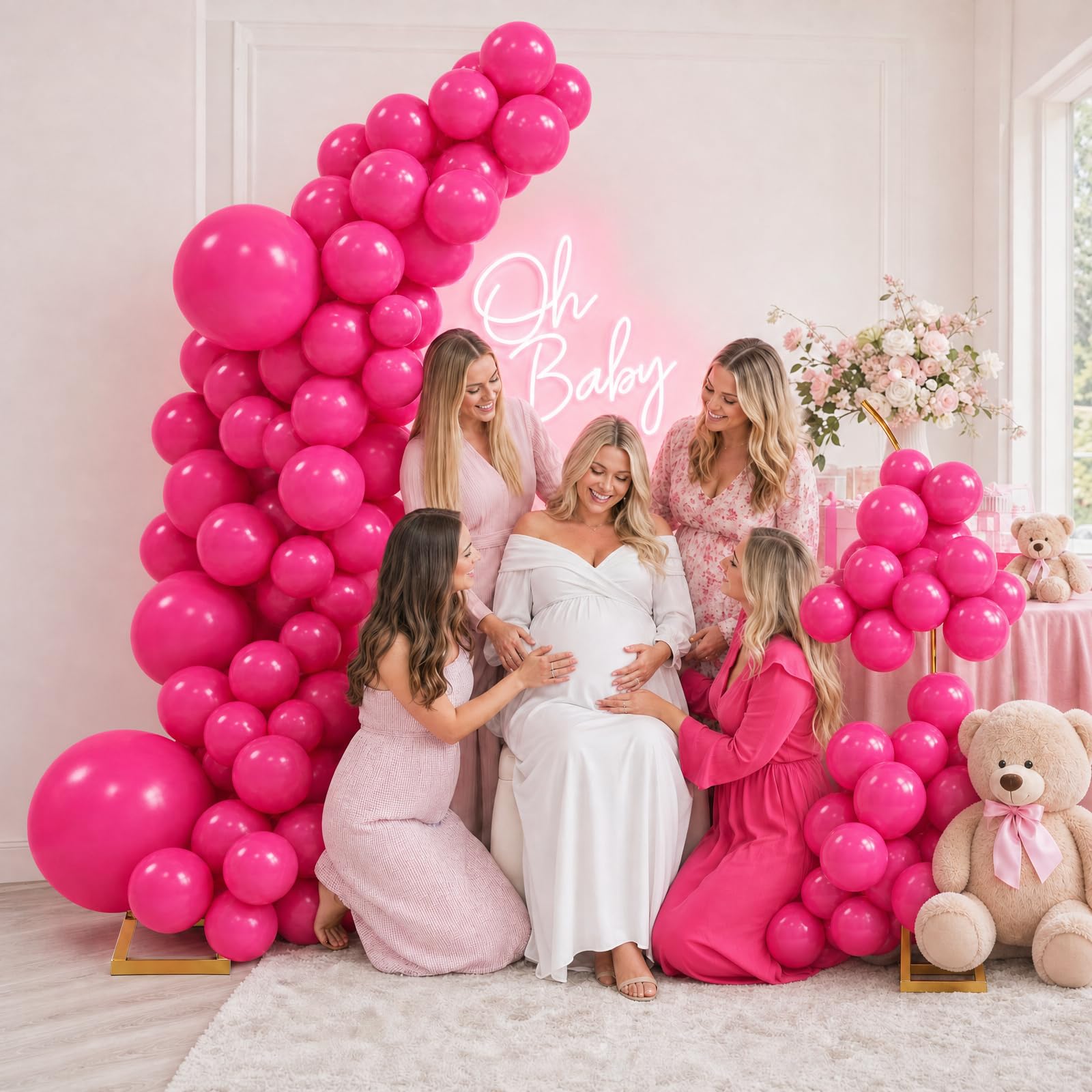 Kit di supporto per arco di palloncini con 145 palloncini rosa di diverse dimensioni, cornice in metallo con 8 sacchetti d'acqua, arco semi-aperto dorato per compleanno, baby shower, decorazioni per