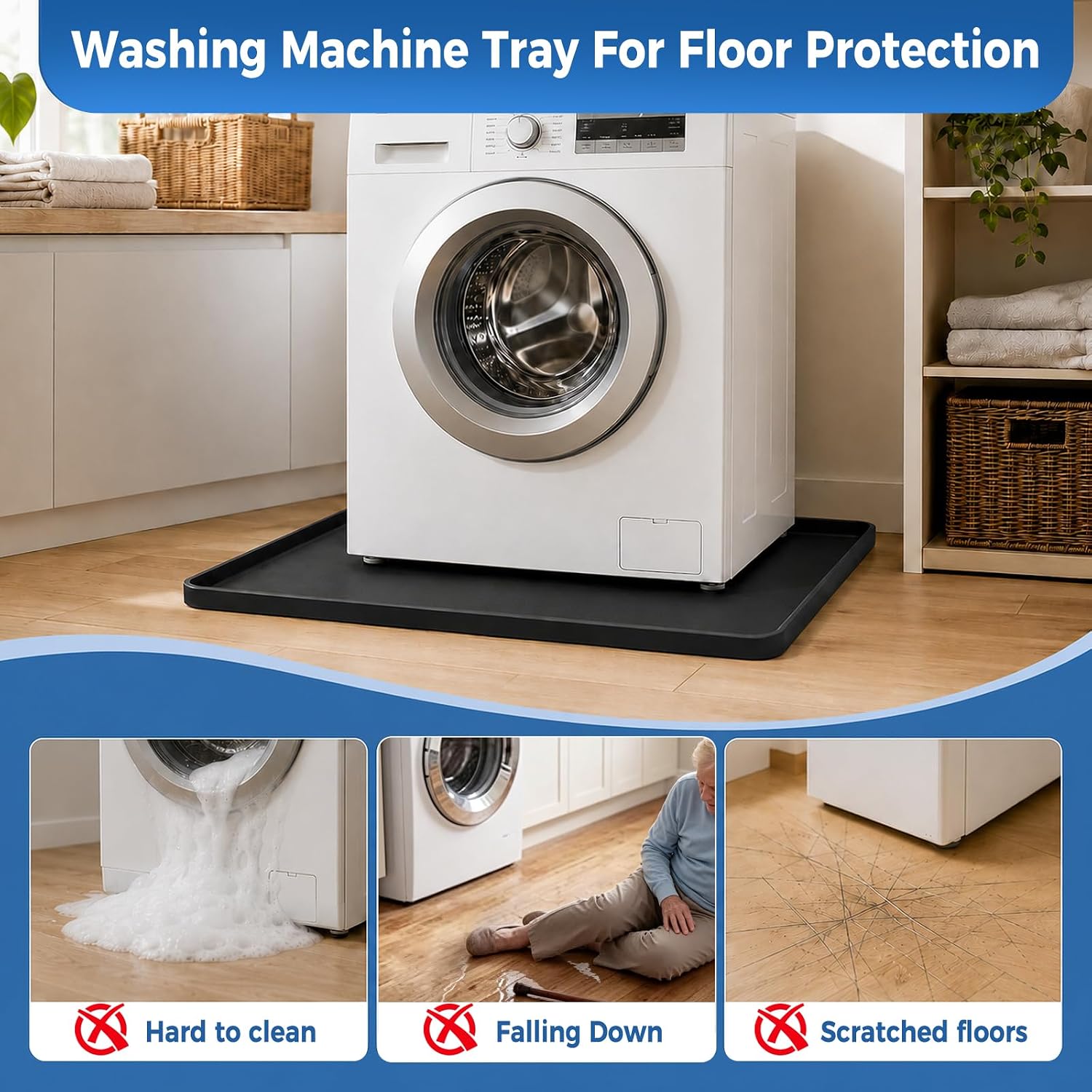 【NEW】33" X 32"Washing Machine Drain Pan Silicone Mat,2cm Raised Edge -Black