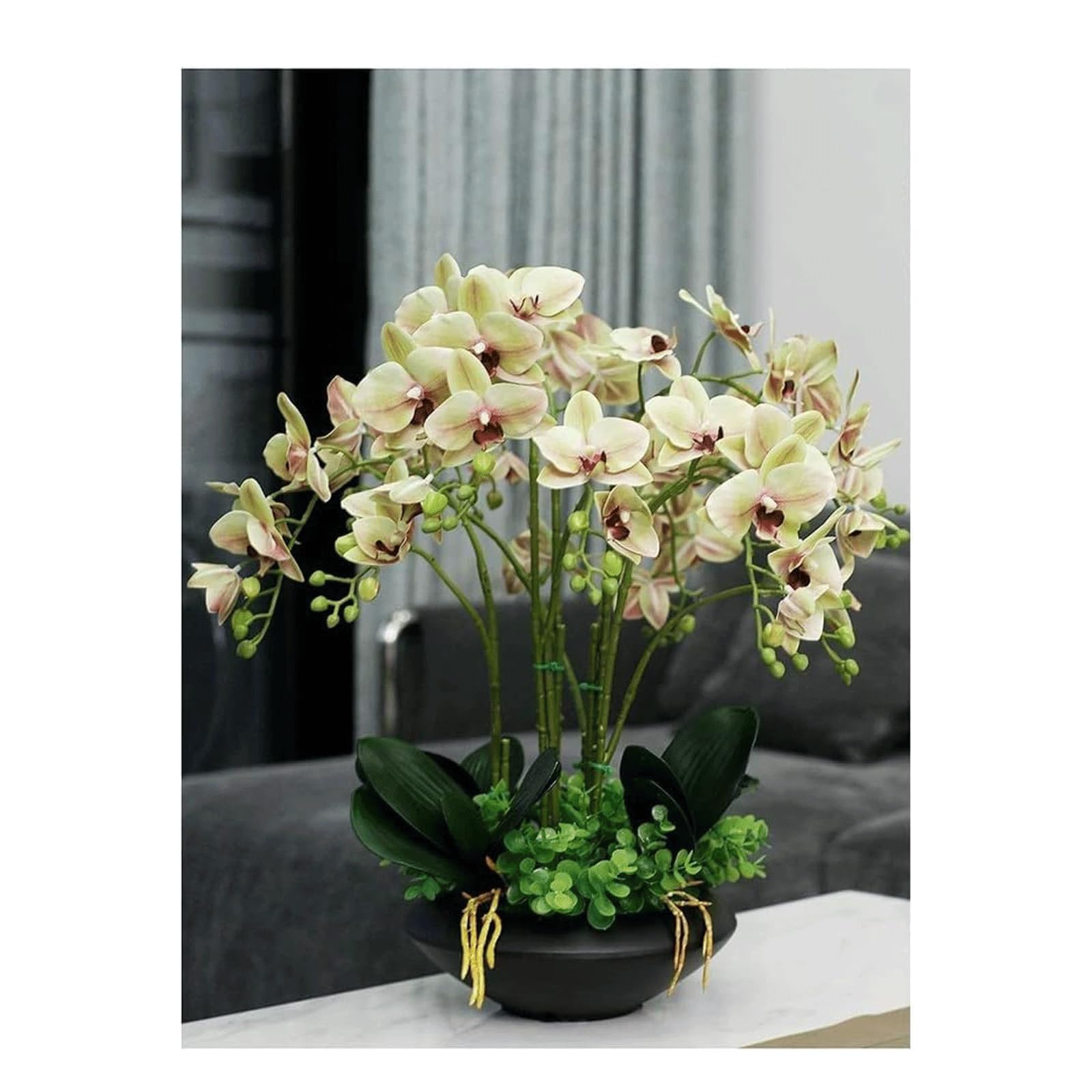 Fiori Artificiali di Phalaenopsis in Vaso Nero - Piante di Orchidee finte realistiche in Vaso per centrotavola, Decorazioni per Interni, casa e Ufficio (Giallo)