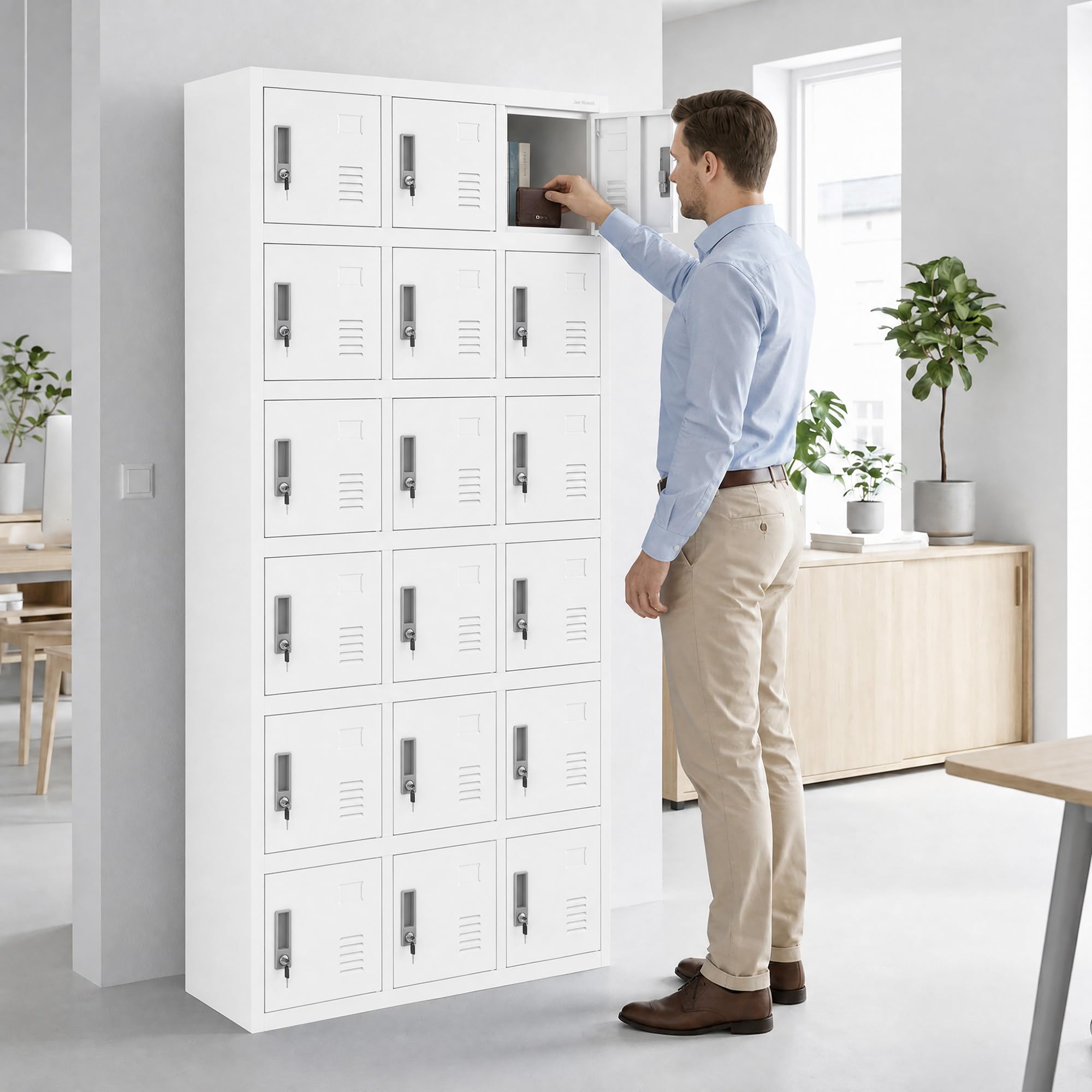 Jan Nowak Spindschrank abschließbar Spind Schließfachschrank Metall Mitarbeiterschrank Personalschrank Wertfachschrank mit 18 Fächern Lüftung Namensschild, Umkleideschrank 185 x 90 x 40 cm