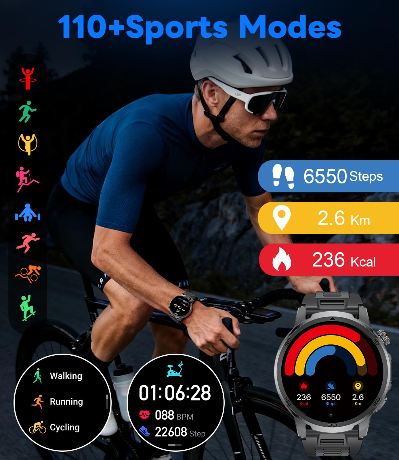 Montre Connectée Homme, 1,85" Grande Écran/Appel Bluetooth/1000mAh/LED Torche, Smartwatch Homme avec Moniteur de Fréquence Cardiaque/Sommeil/IP68 Étanche/110+ Modes Sportifs Android iOS, Noir-Acier