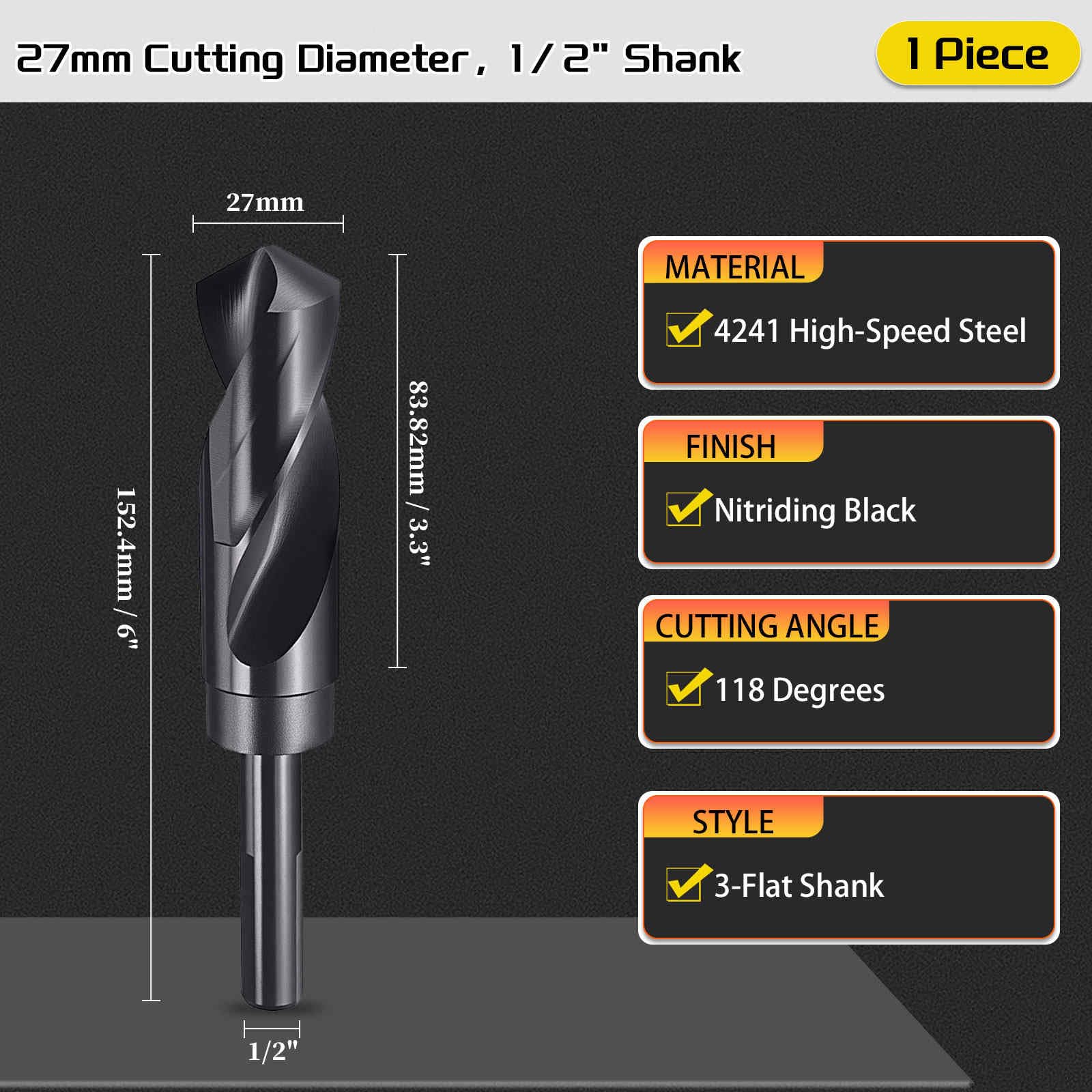 CoCud Drill Bit, 27mm Cutting Diameter, 1/2" Reduced Shank 3-Flat 4341 HSS Nitriding Black 118° Cutting Angle Bits - Image 2