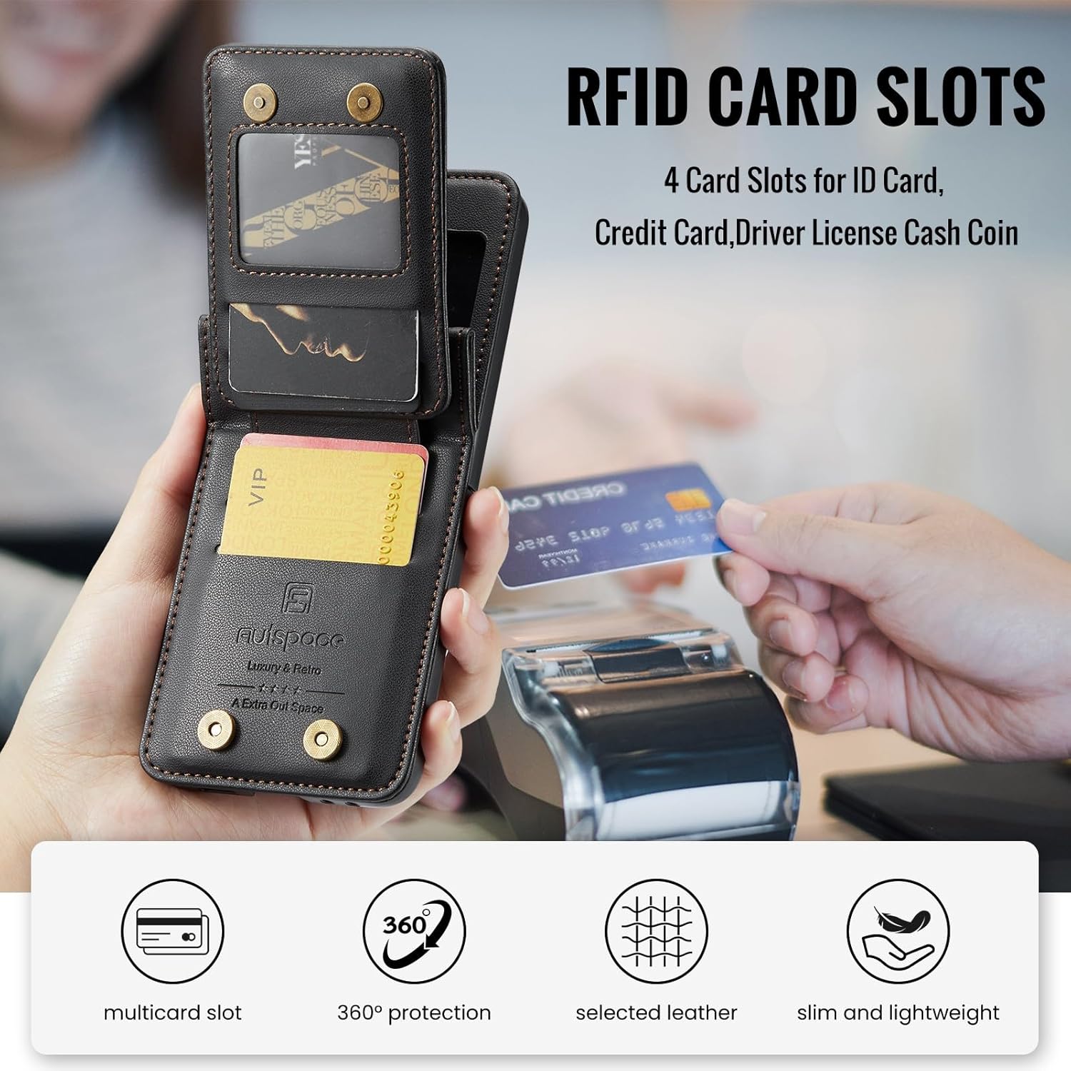 for Samsung Galaxy Z Flip 6 Wallet Case with 4 Credit Card Holde and RFID Blocking, Premium Durable Leather Magnetic Clasp Kickstand Heavy Duty Shockproof Protective Cover.Black