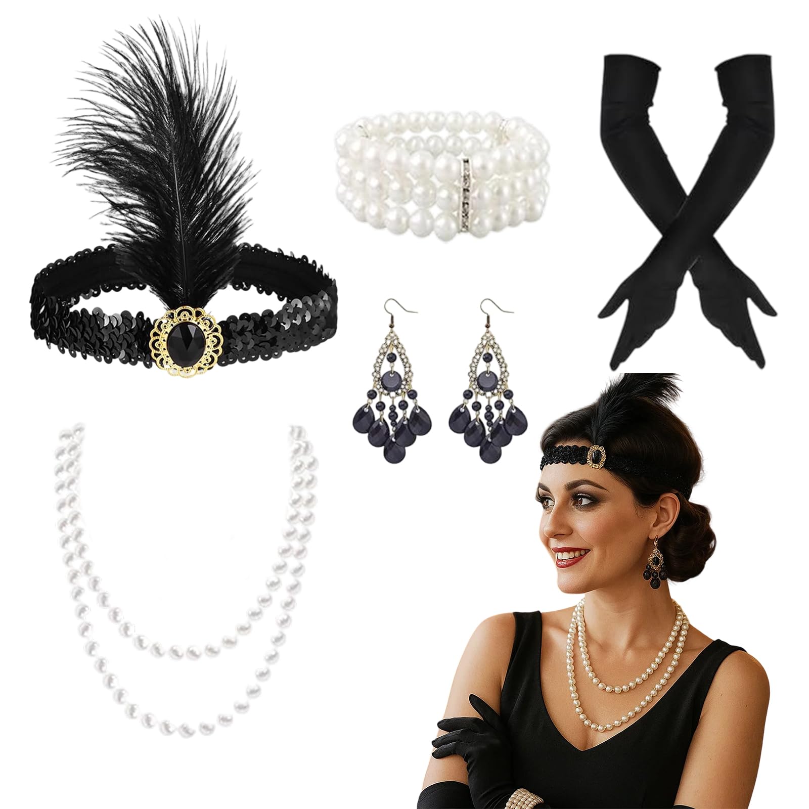 XcnPer 1920s Accessories for Women, with Gloves Hairbands Necklaces Bracelets Earrings. 20's Theme Accessories Set for Women, Vintage Roaring Theme Party Costume for Halloween, Wedding, New Year