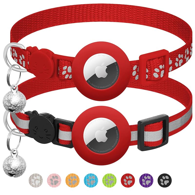 Coleira para Gatos com Suporte para Apple AirTag, Guizo, Faixa Refletiva e Fecho Breakaway LAFAYI, Vermelha, Pacote com 2