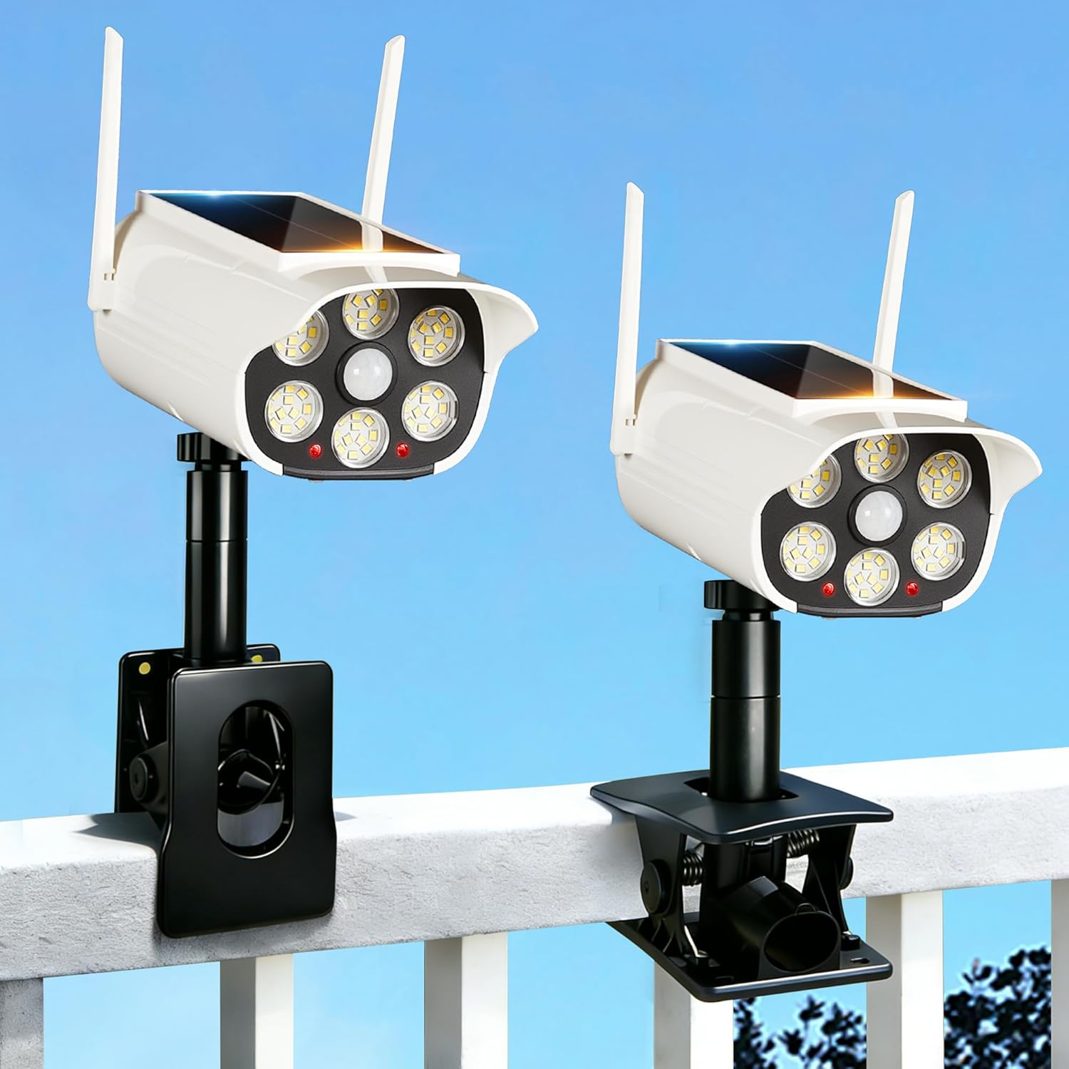 Clip On Solar Fake Security Cameras with Light, Motion Sensor Outdoor Lights, IP66 Waterproof Dummy Surveillance Camera for Gutter Fence Garages Warehouses (Clamp 2)
