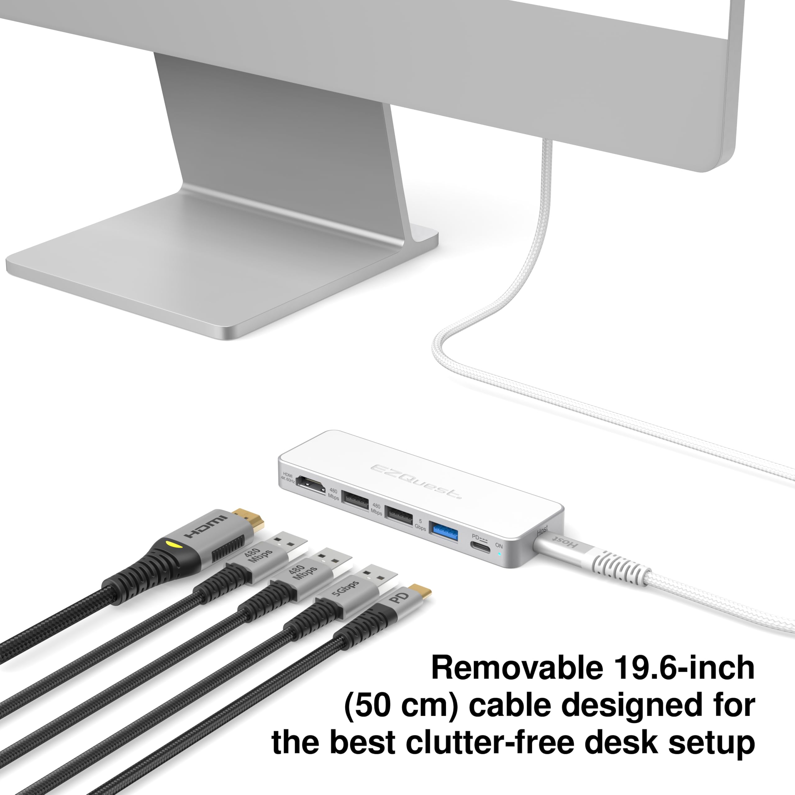 USB-C 5 en 1 Hub Pro Series: HDMI 4K 60Hz, carga PD de 100 W, datos USB 3.0, cable desmontable de 20 pulgadas. Adaptador multipuerto para MacBook Pro/Air, iPad, Windows, Thunderbolt 3/4