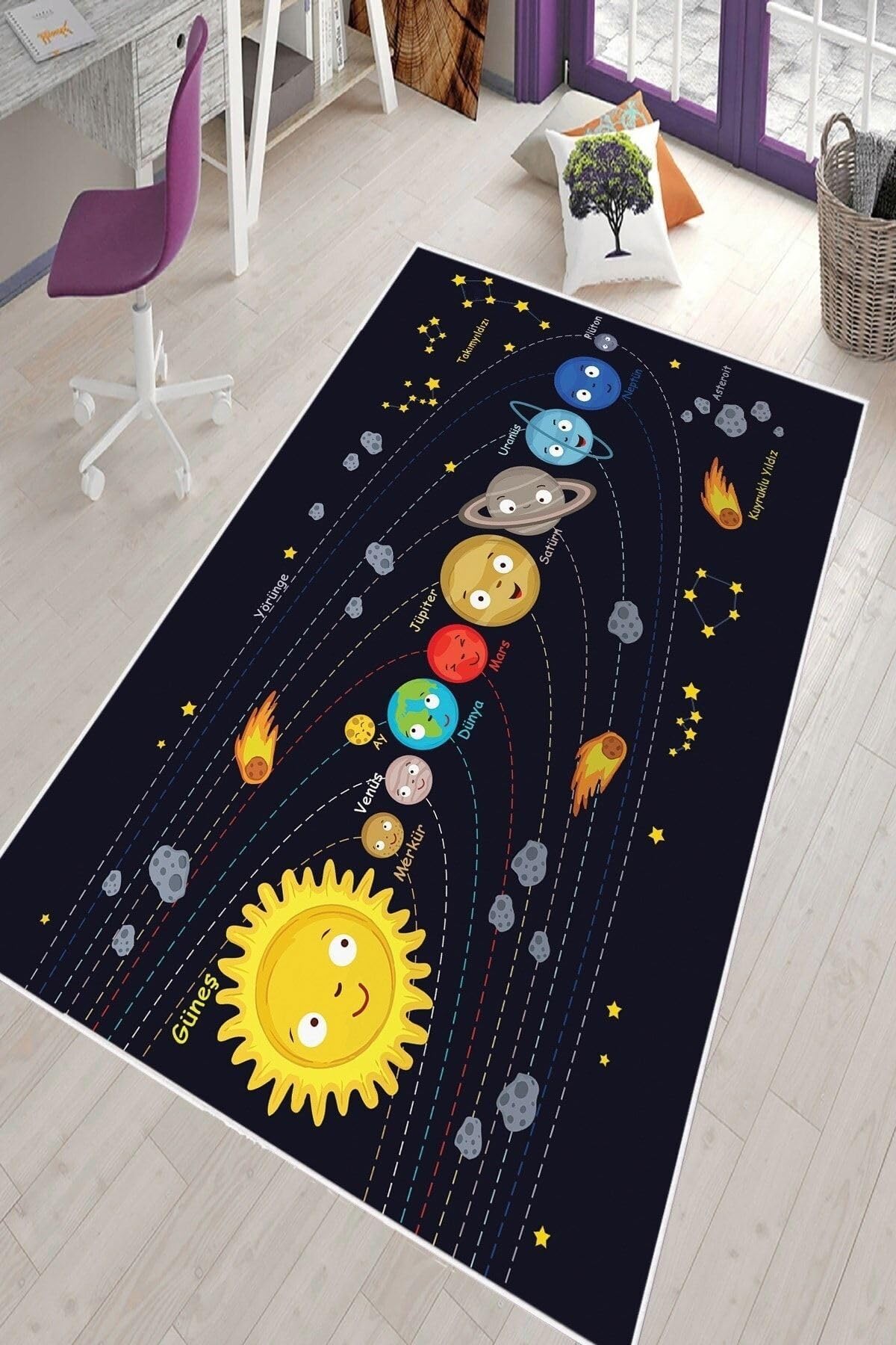 Pelangi Siyah Gezegen Desenli Eğitici Yıkanabilir Kaymaz Taban Leke Tutmazbebek Ve Çocuk Odası Halısı, Siyah 180 x 250, 901357029180250