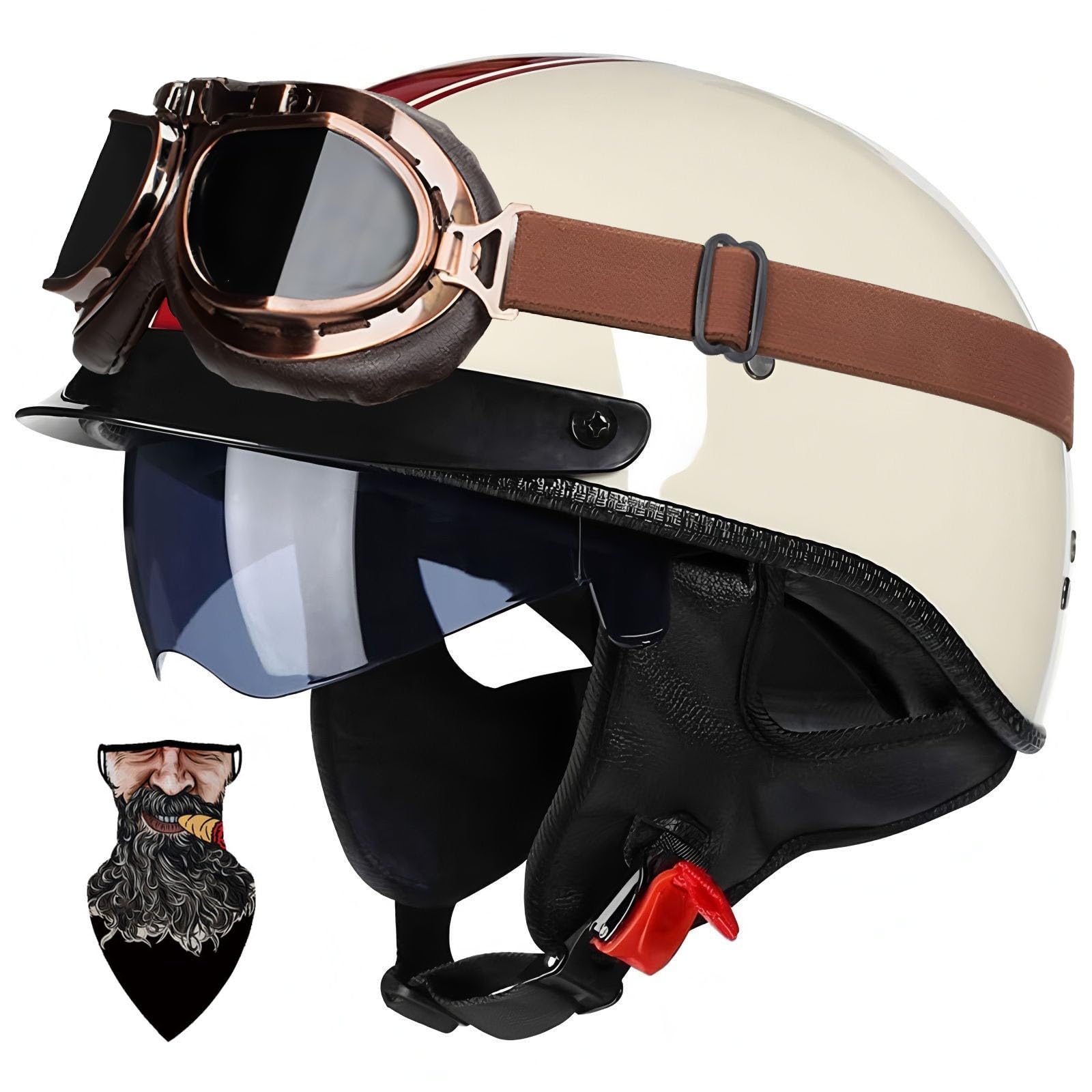 Halbschalenhelm Motorradhelm mit ABS-Schale ECE-zertifizierter Schnellverschluss und abnehmbarem Visier für Erwachsene | Chopper Helm, Mofa Helm Retro, JetHelm Halbhelm für Scooter