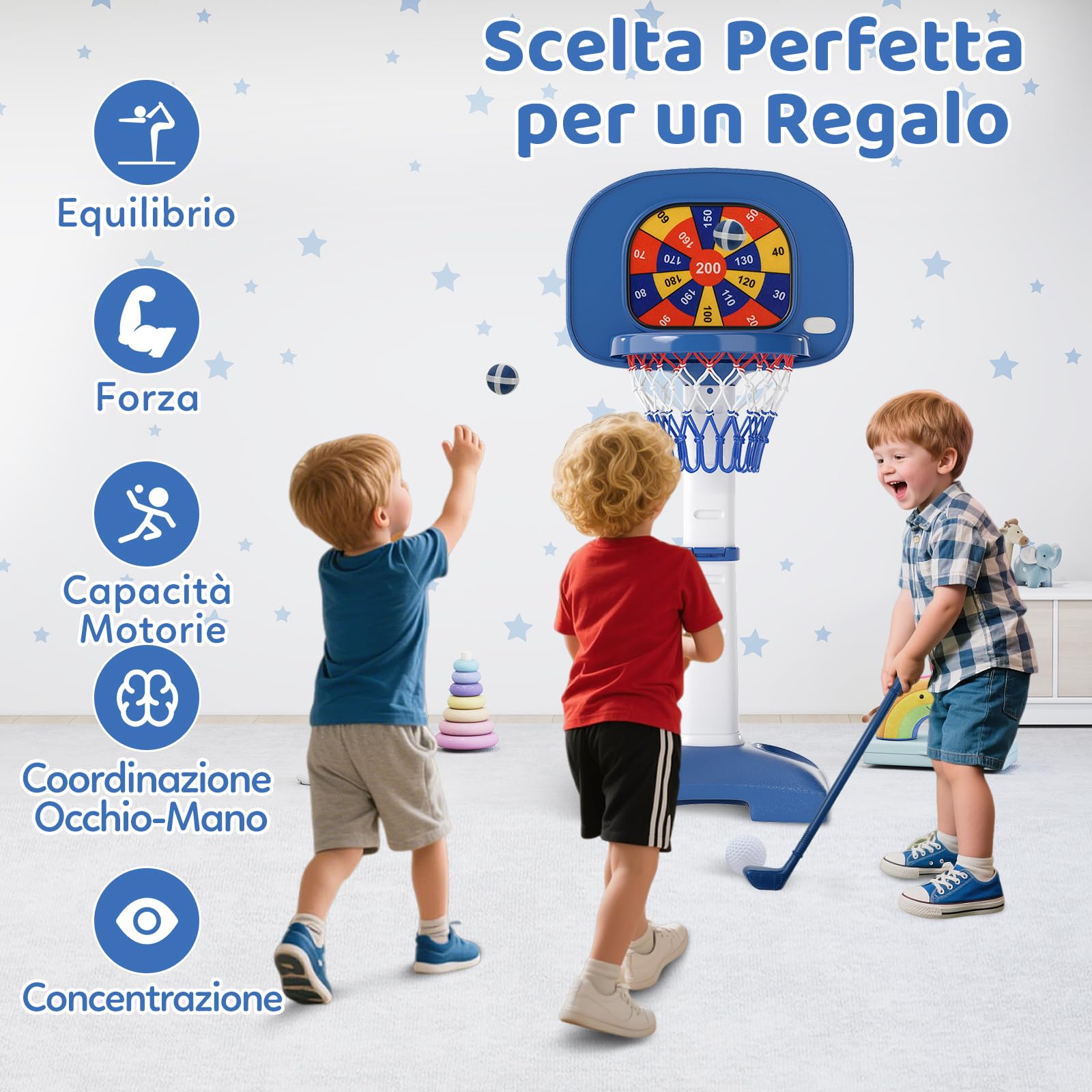 RELAX4LIFE Canestro da Basket 4 in 1 con Pallone da Basket, 2 Palline Adesive, 2 Palline da Golf, Bastone da Golf e 2 Anelli, Base riempibile, Set di Canestro Interno per Bambini 3 Anni＋
