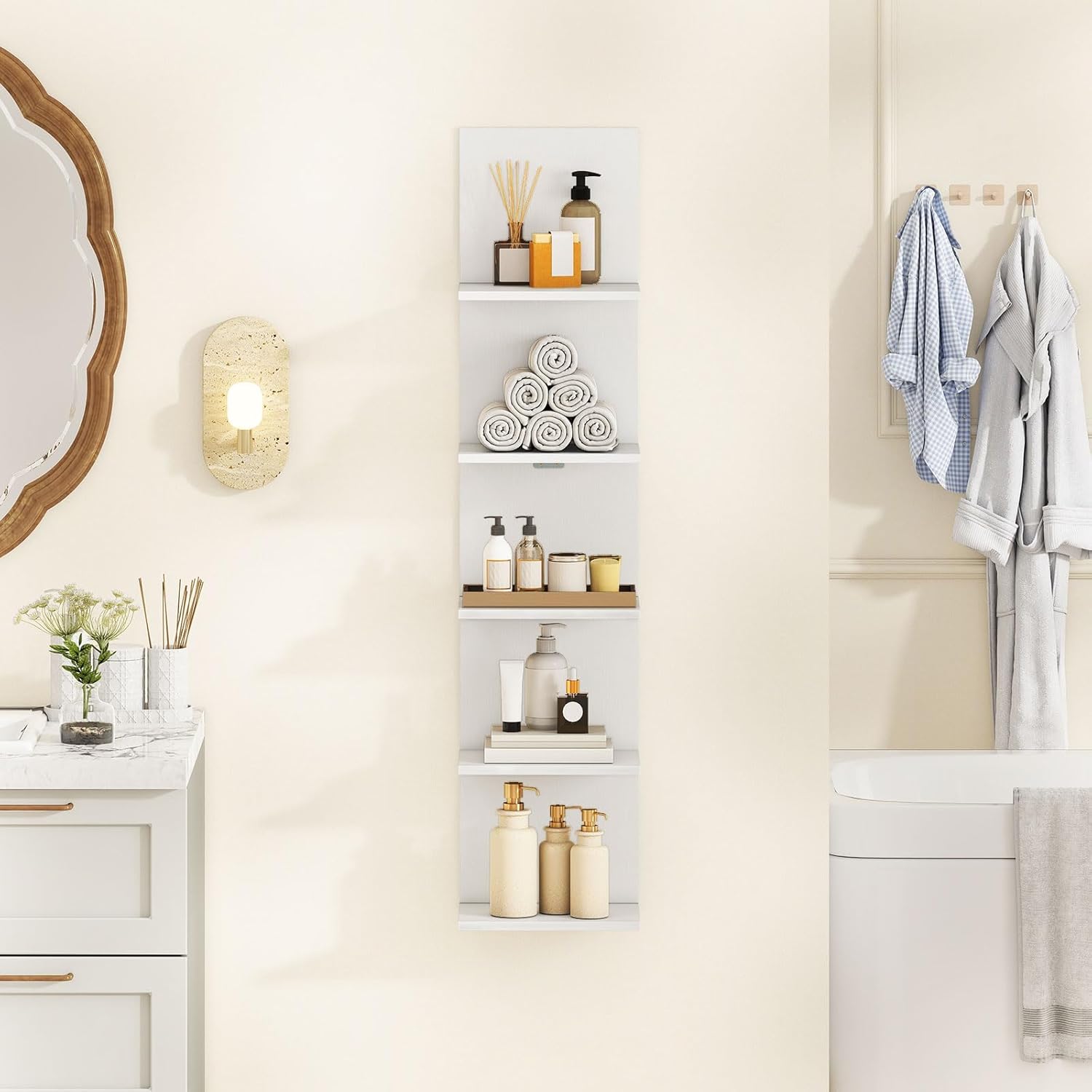 LOKO 5-Tier Wall Shelf, Vertical Column Storage Organizer with Expansion Screws, Decorative Wall Mounted Shelving, Floating Wooden Display Shelf for Living Room, Kitchen, Bathroom (1,White)