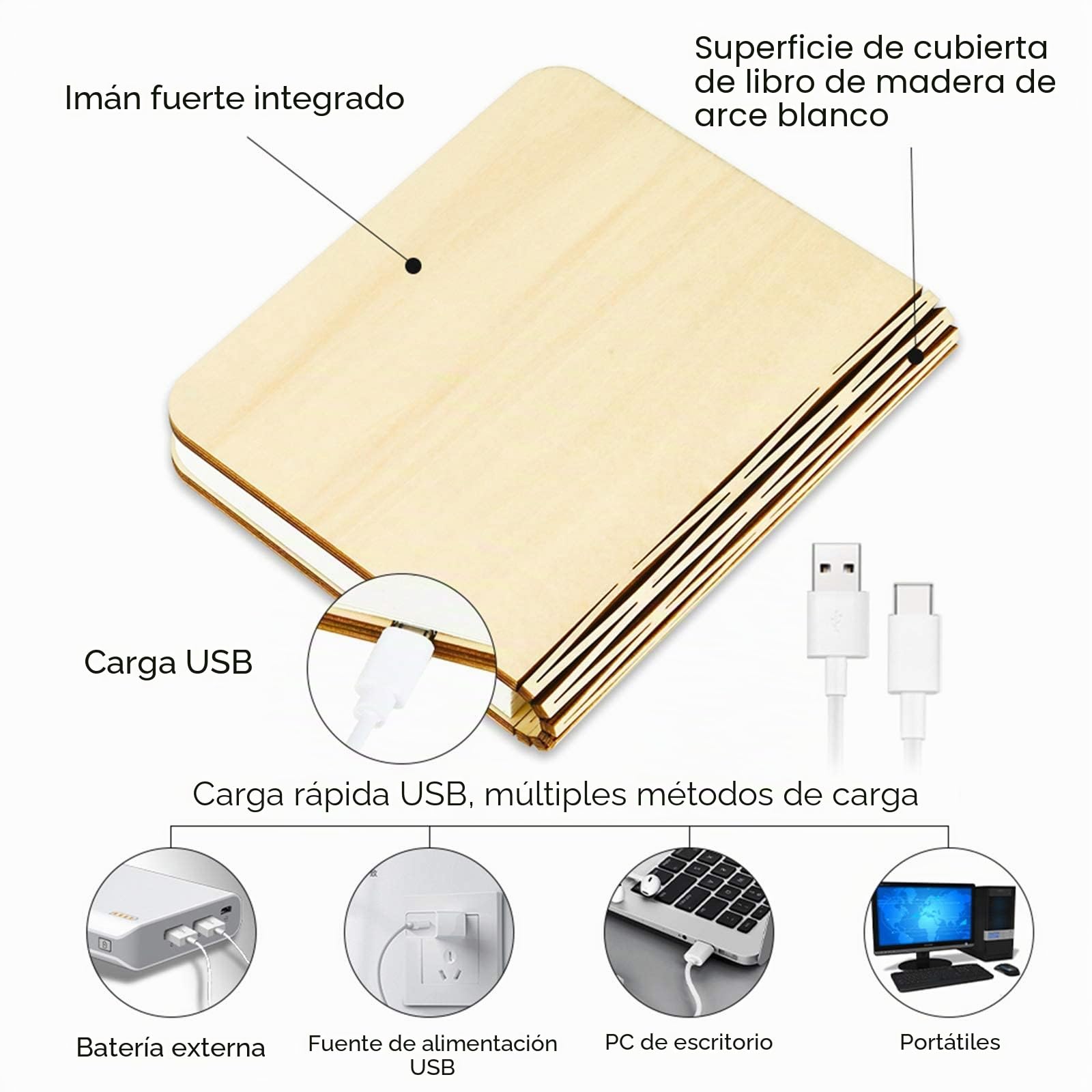 Libro Lámpara LED, Luces Plegables de Madera 360°, USB Lámpara Portatil de Libro Recargable 2000 capacity, para Luz de Lectura, Lámpara de Mesita de Noche, Regalo Cumpleaños y Navidad, Blanco Cálido