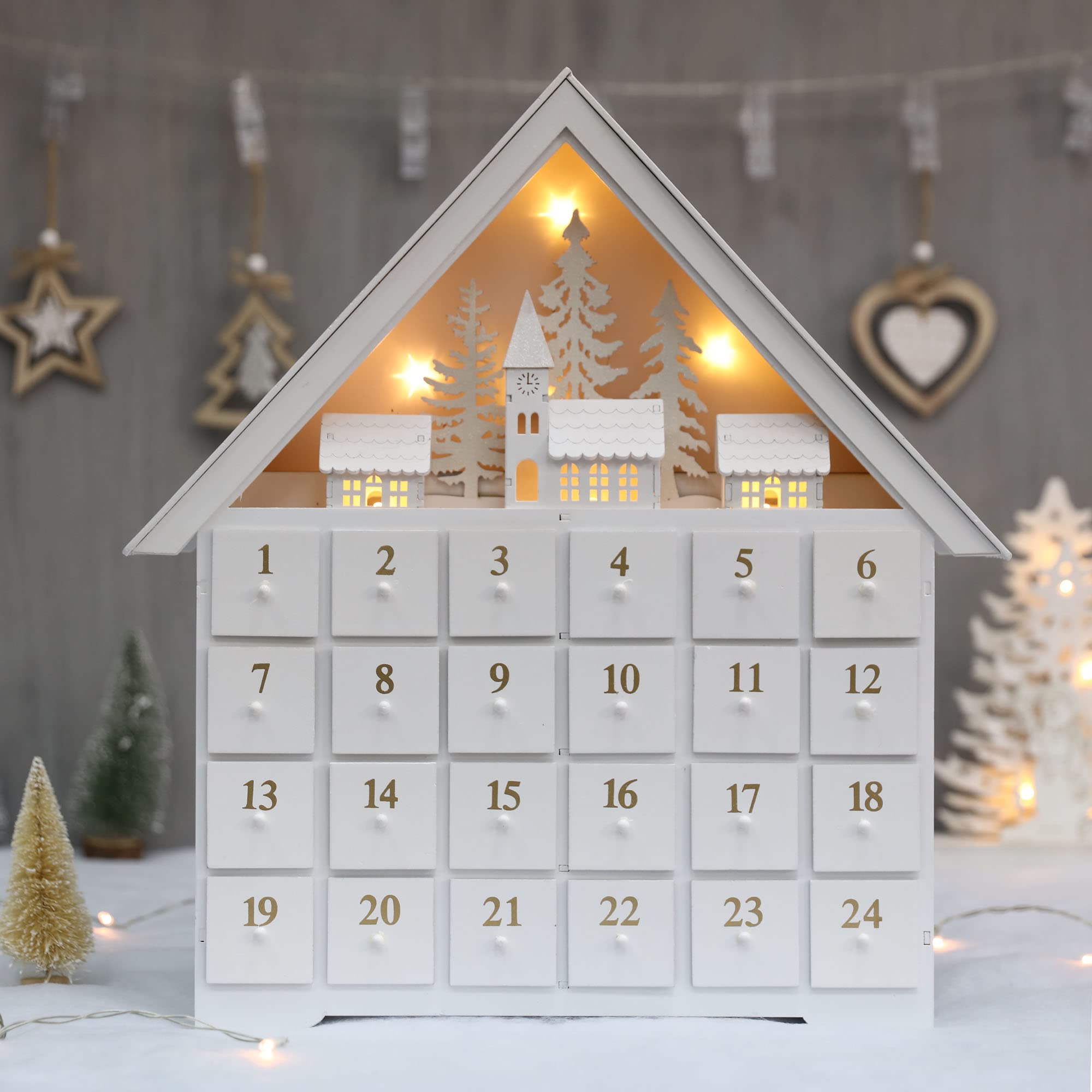 Adventskalender aus Holz, 45,7 cm, mit 24 Schubladen und LED-Lichtern, Countdown bis Weihnachtsdekoration