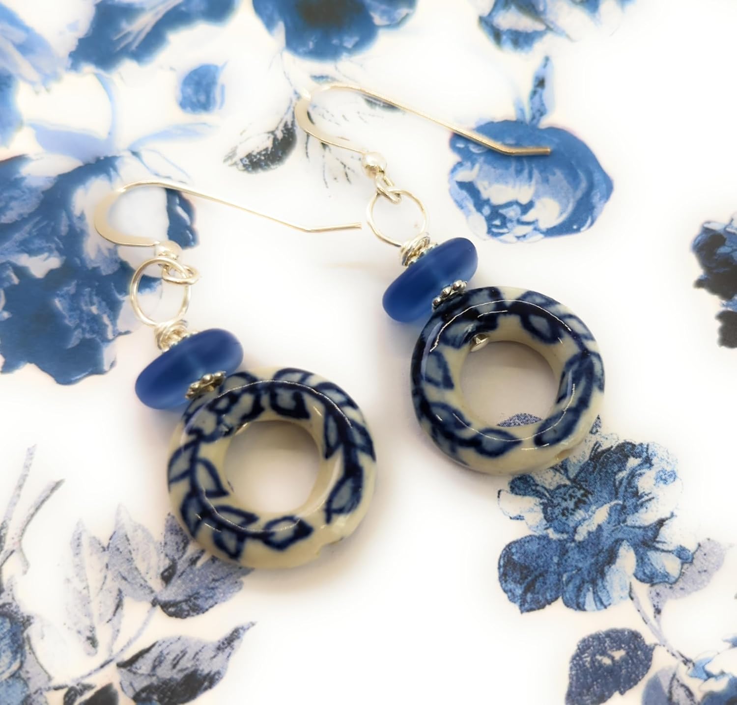 Beachy Sea Blue Sea Glass and Floral Porcelain Earrings on Sterling Sliver Hooks Handmade by Aimee Tresor