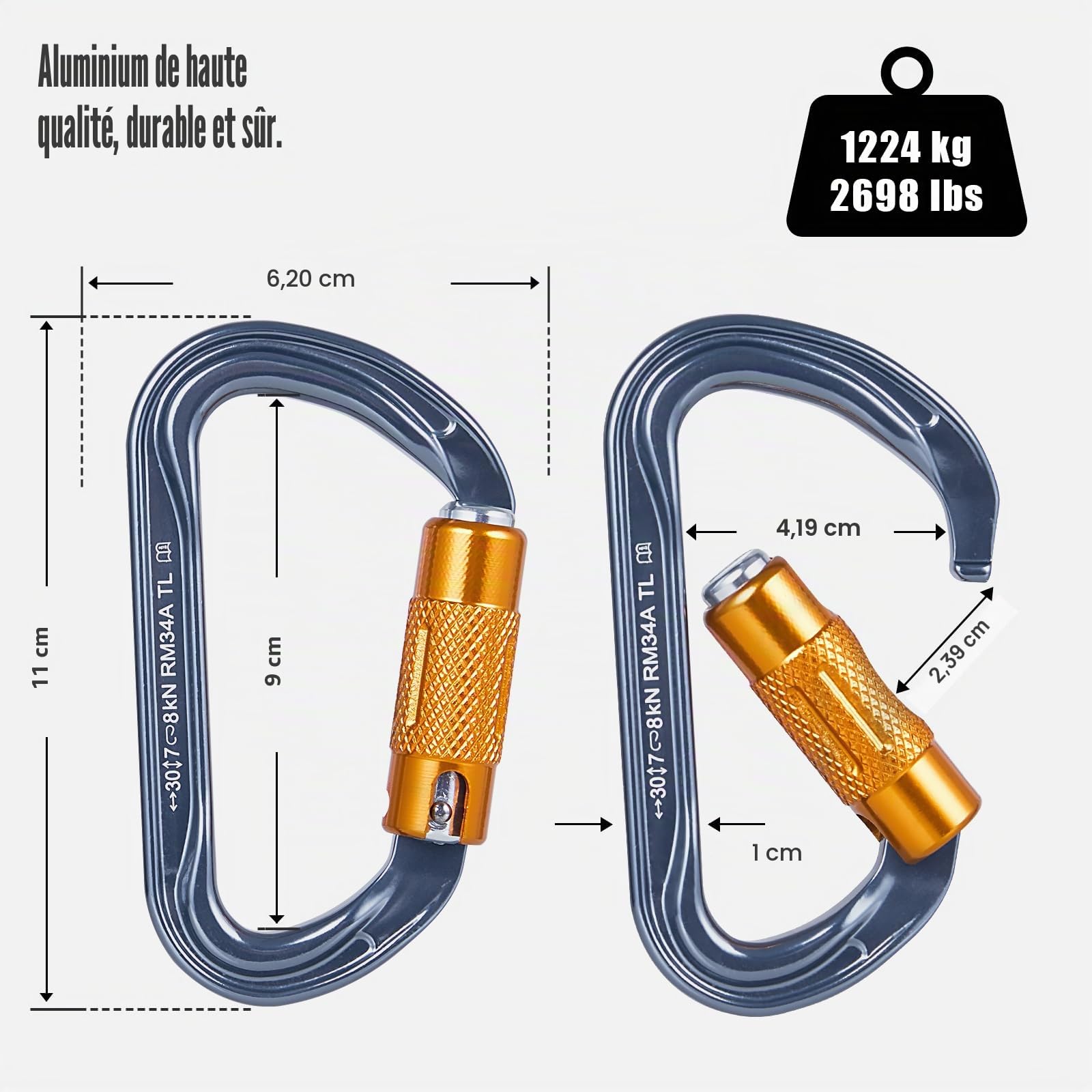 Mousquetons Escalade Clips, Mousqueton en Alliage d'aluminium, Mousquetons Robustes pour Escalade, Hamac, Camping, Randonnée, Ski, Vélo Descente en Rappel