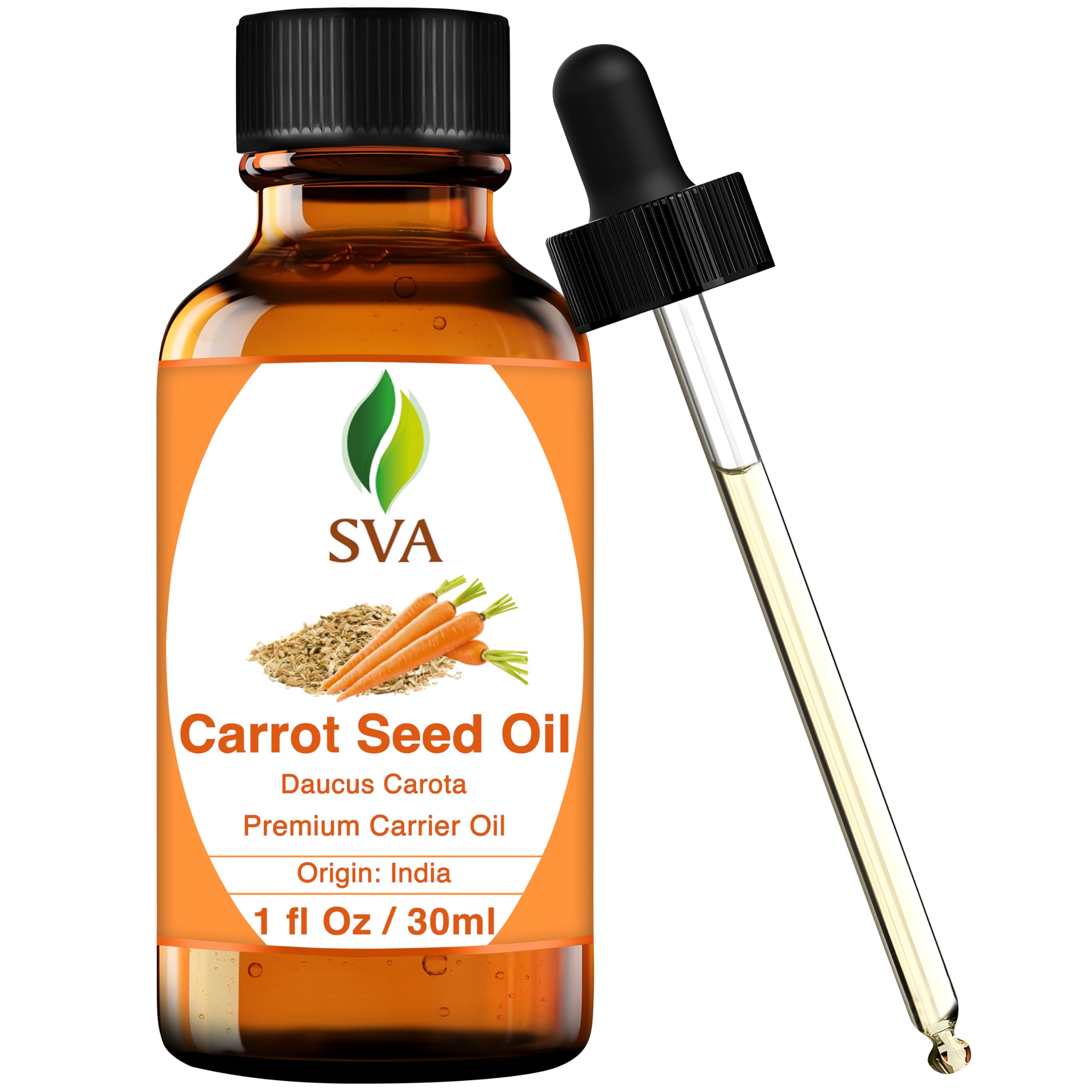 SVA Organics Carrot Seed Carrier Oil - 30 ml (1 oz) - 100% Pure, Natural, Unrefined & Therapeutic Grade with Premium Glass Dropper for Youthful Skin & Face, Nourished Hair, Body Massage & Aromatherapy