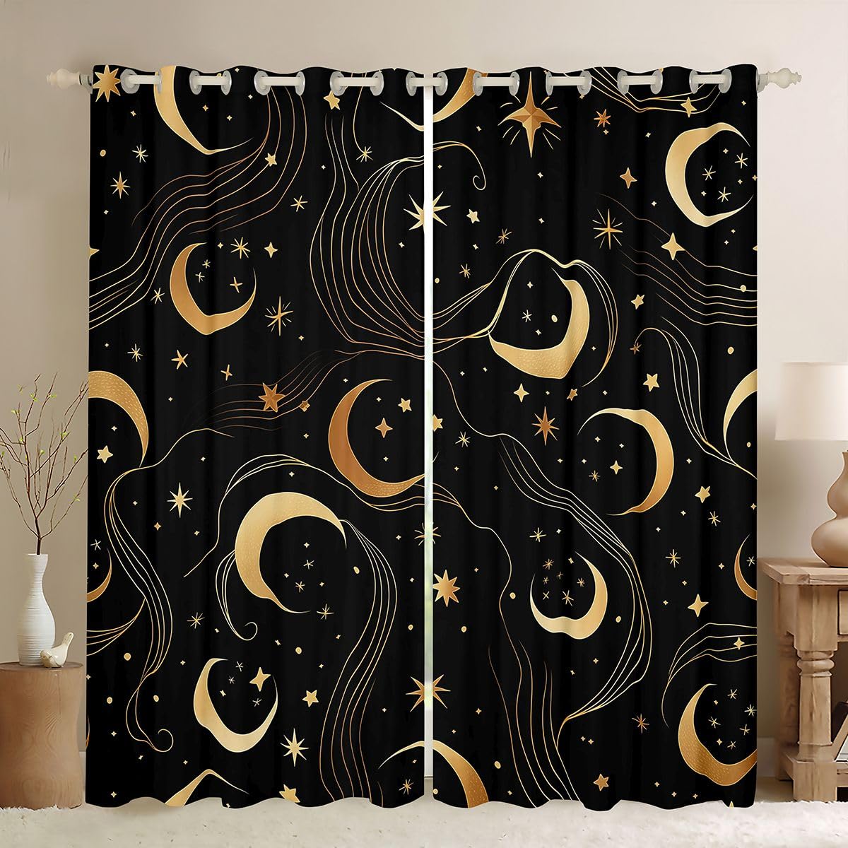 Homewish Złote gwiazdki, księżyc, zasłony okienne, 132 x 160 cm, 2 panele zestawy - nowoczesne geometryczne zasłony zaciemniające w paski, minimalistyczne estetyczne zasłony okienne, mistyczna