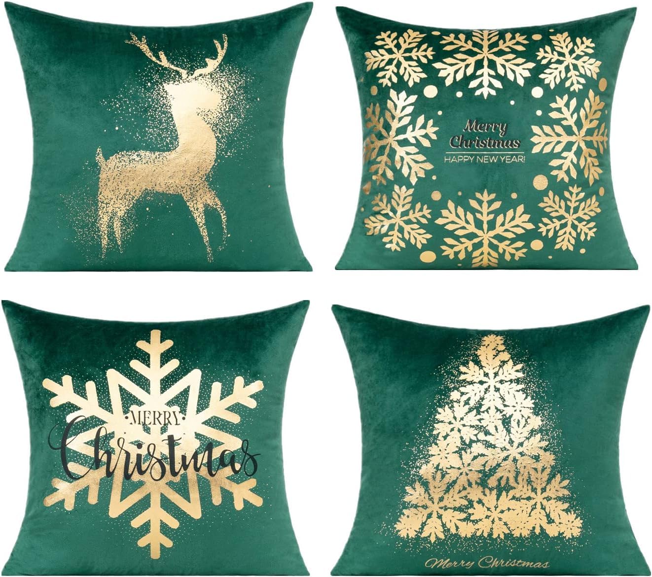 All Smiles Dark Green Gold Christmas Decorations Throw Pillow Covers Cases 18X18 Set of 4 Winter Xmas Indoor Home Décor Ornaments Velvet Navidad Cushion for Sofa Christmas Tree Snowflake Reindeer