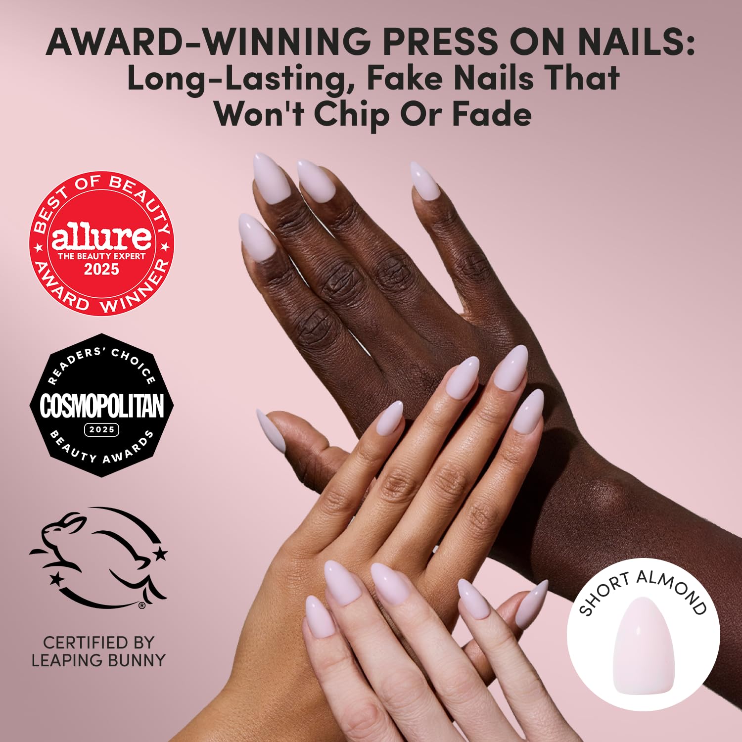 Glamnetic Press on Nails Kunstnägel, kurz, mandelfarben, glänzend, 30