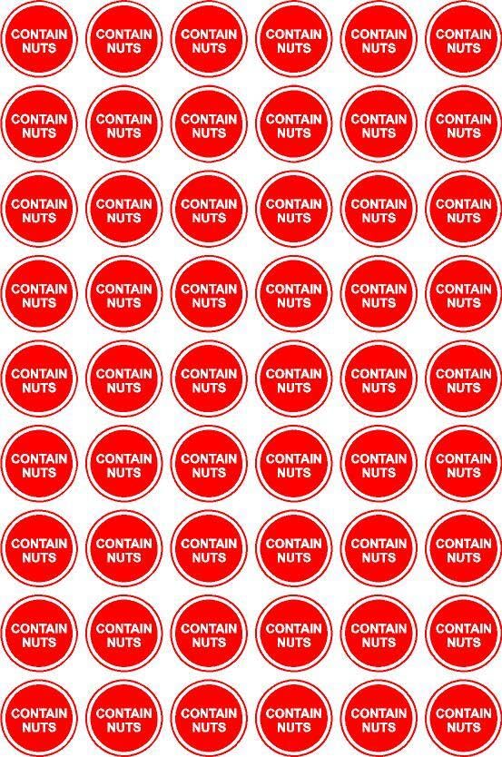 Contains Nuts Labels - Pack of 60 28mm Self adhesive stickers - Self adhesive stickers on sheet (300mm x 200mm)