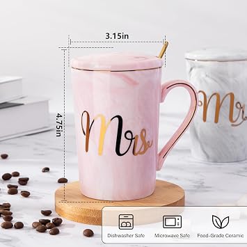 Biching Wedding Gifts for Couples 2026, Gifts for Bridal Shower Engagement Bride and Groom Anniversary, 14oz Ceramic Marble Mr and Mrs Mugs Set with Real Gold Foil, Greeting Card, Luxury Gift Box