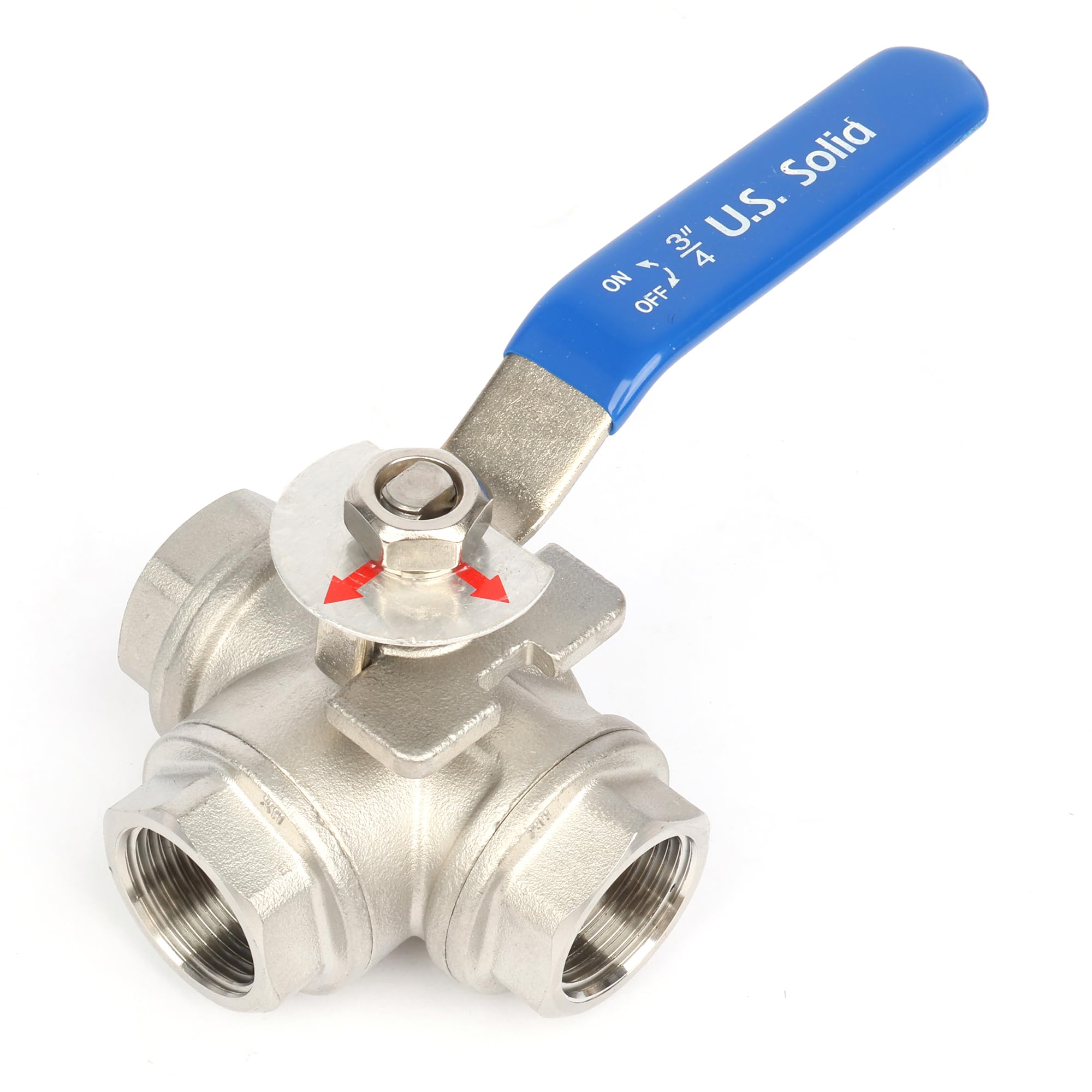 U.S. Solid Valvola a sfera 3 vie in acciaio inox 304 – 3/4" DN20, filettatura G, flusso a L, montaggio a cuscinetto