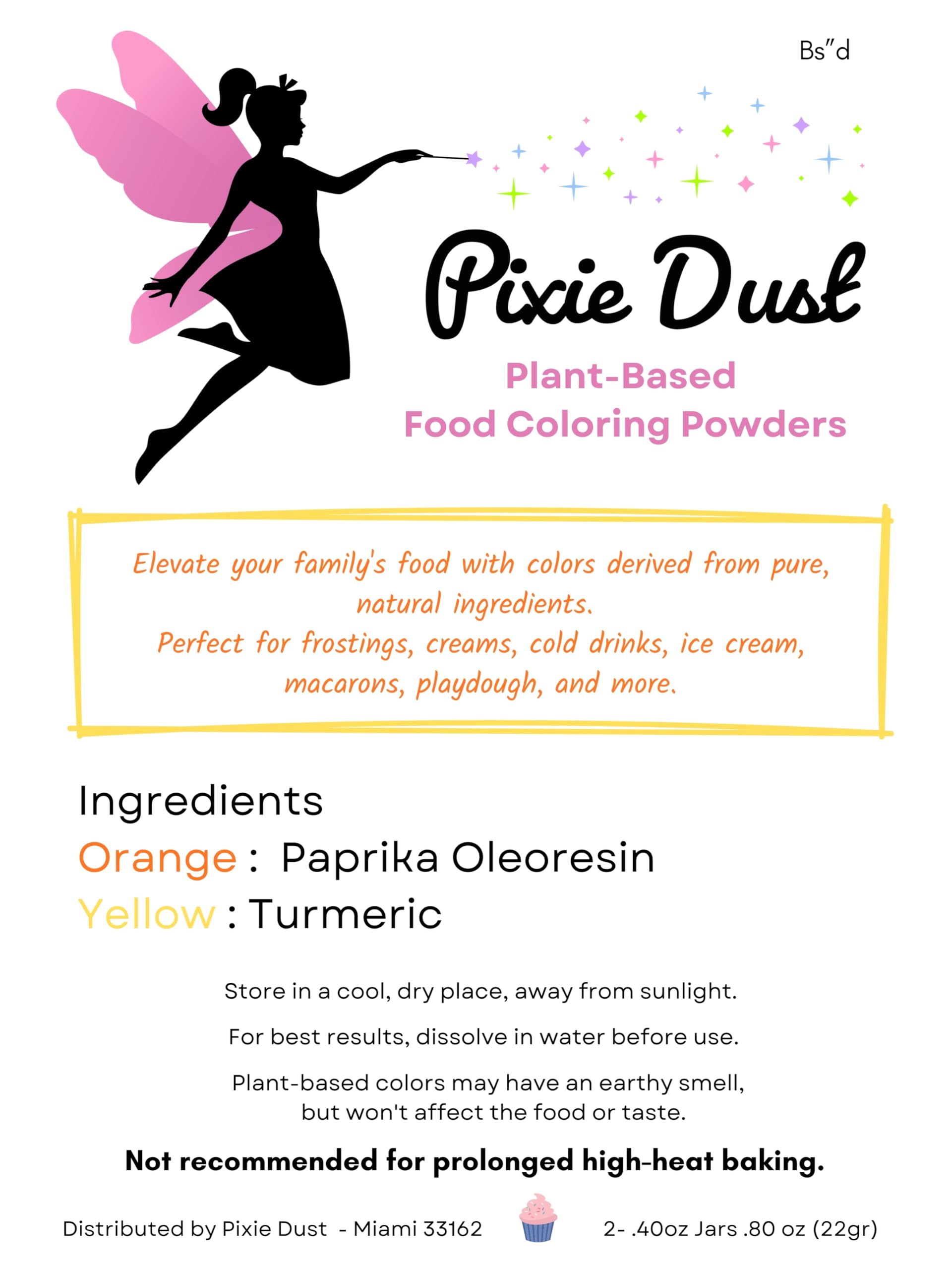 Yellow and Orange Vegan Food Coloring Powder Set. Dye Free - Plant Based - All Natural - By Pixie Dust (Large 2 Jars .40 oz each .80oz/22 gr)