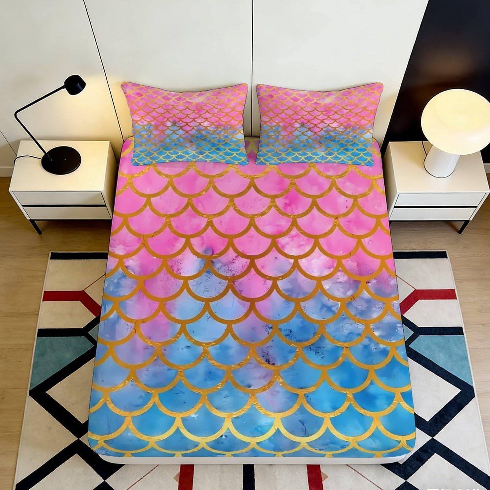 3D Printed Mermaid Scale Fitted Sheet Microfiber Colorful Rainbow Mattress Cover for Bedroom Guest Room Decor 118 90x200x25cm