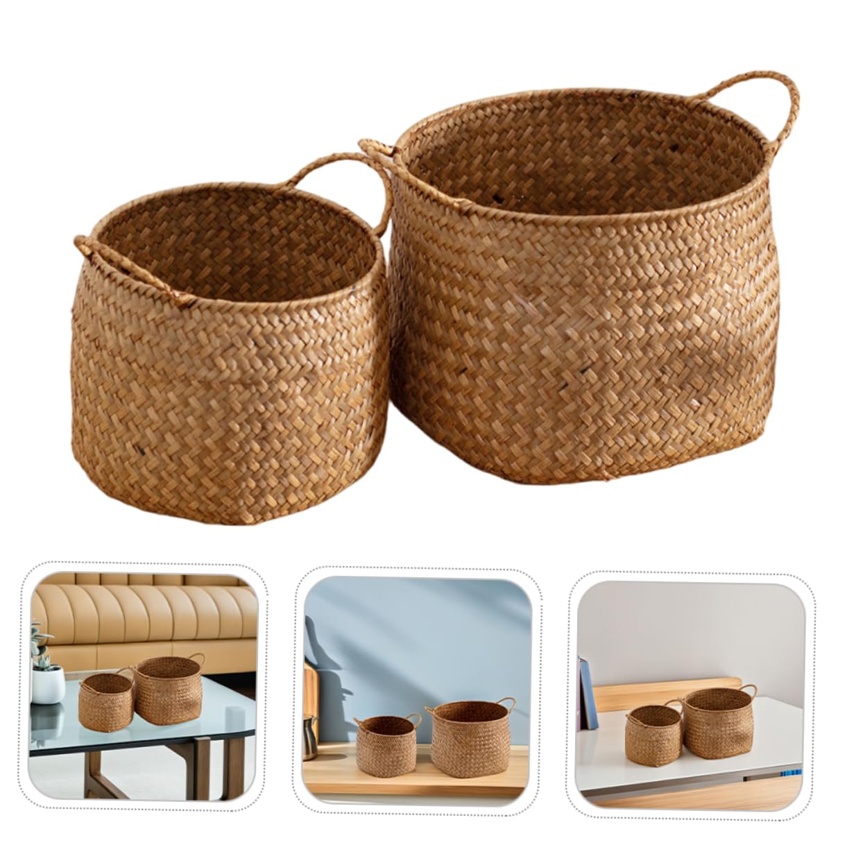 2piezas Cestas Tejidas Organizador Japonés De Almacenamiento Con Doble Asa Soporte Natural Para Guardar Objetos Sala De Estar o Dormitorio