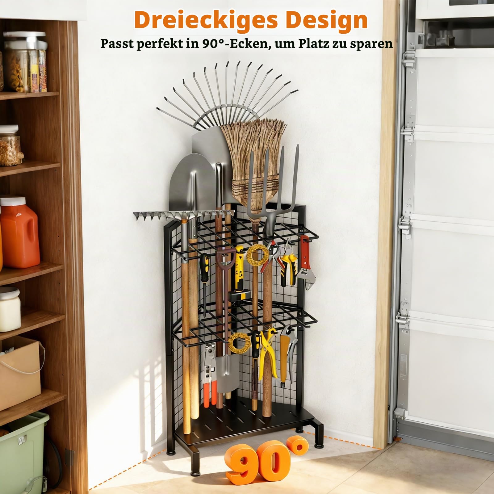 Gartengeräte-Organizer mit 3 Ebenen aus Metall, Lagerung für Schuppen, Gartengeräte mit langen Stielen, Rechen, Besen, Garage, Patio, Terrasse, Innen und Außen