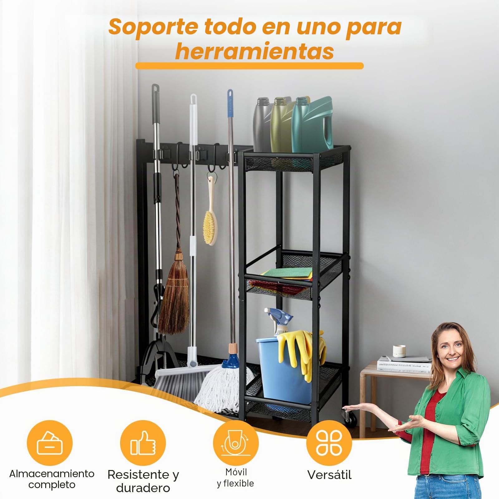 Carro de Limpieza 3 Estantes, Soporte para Escobas y Organizador Móvil con 6 Ruedas, para Hogar, Hotel, Escuela (Carga 50kg)