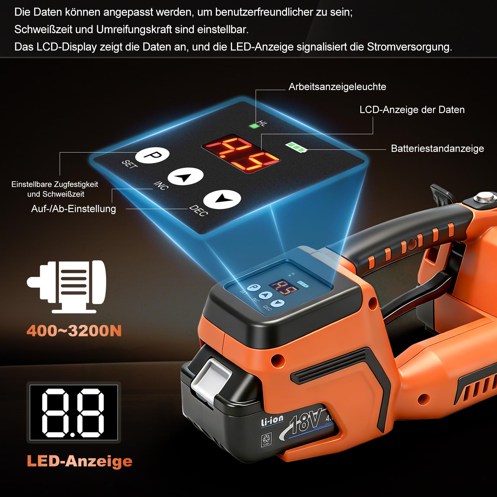 Umreifungsgerät Akku für 13-16 mm PP-/PET-Band mit Digitaldisplay, 2 x 4000 mAh Akku, 900-3500N Elektrische Umreifungsmaschine Mit Kunststoffkasten Umreifungsgerät Elektrisch für Paletten
