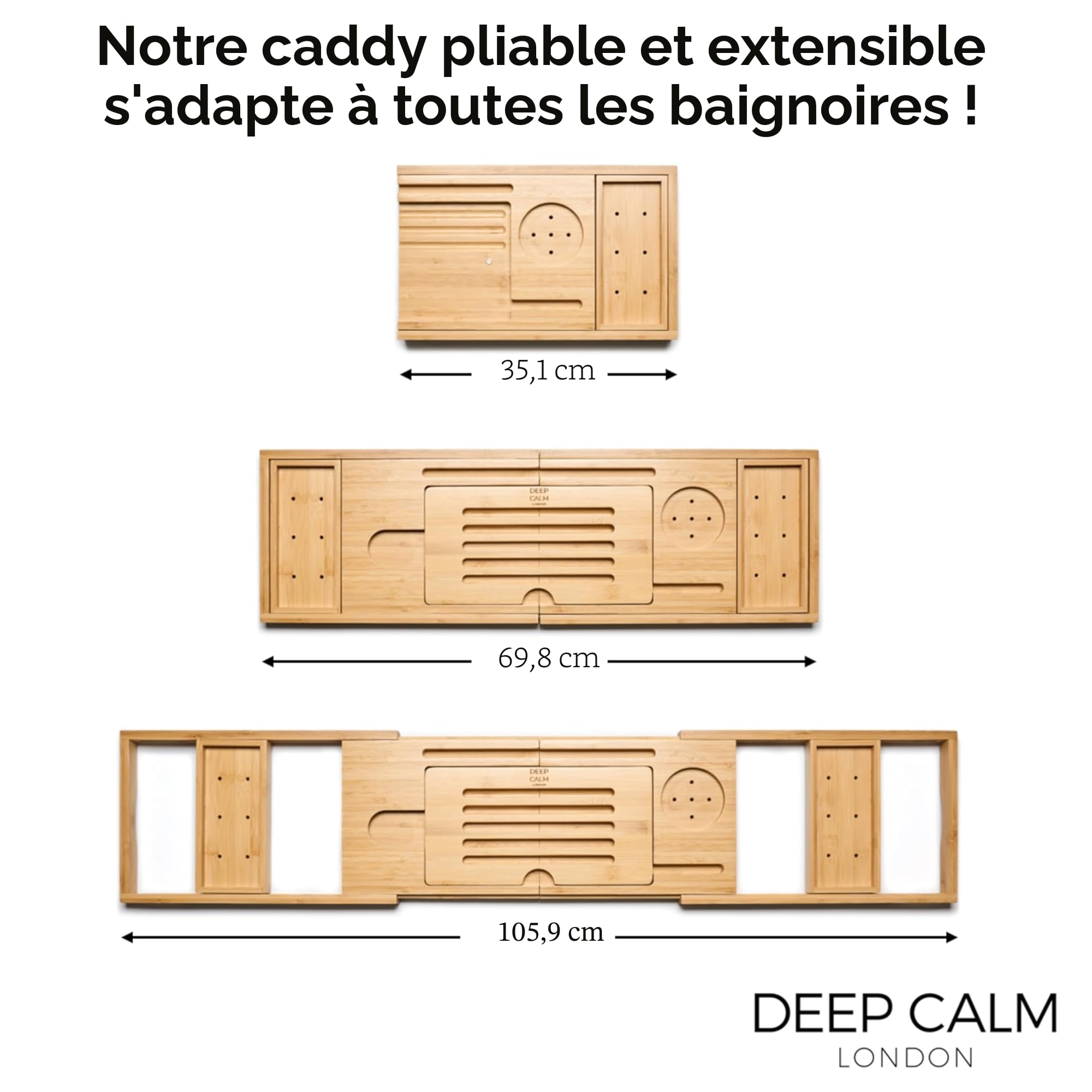 Deep Calm Plateau Baignoire – Bambou, Antidérapant, s'adapte à la Plupart des Tailles de Bain - Accessoire de Bain de Luxe pouvant contenir Un iPad, Un téléphone, Un Verre, Une Bougie (Natural)