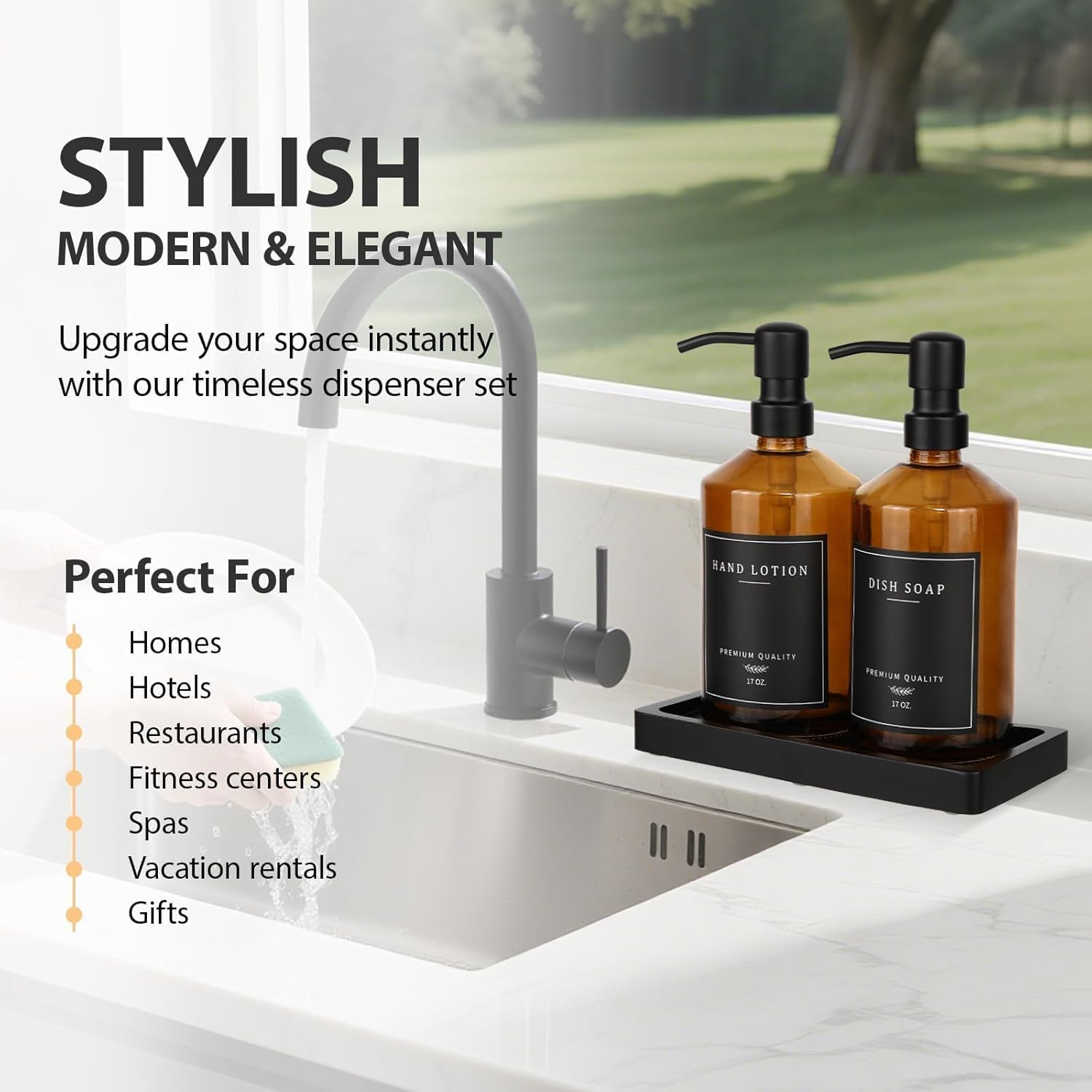 Amber Glass Soap Dispenser, Bathroom Hand Soap Dispensers with Stainless Pump, 17 Oz Kitchen Hand and Dish Soap Dispenser Set, Modern Liquid Soap Lotion Dispenser (Amber Bottle/Black Pump) - Image 6