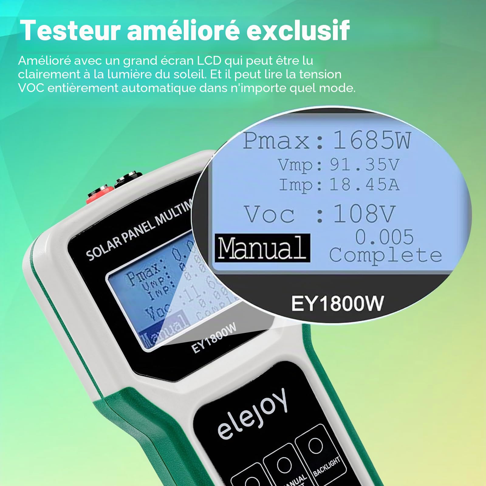 Testeur de panneau solaire 1800W multimètre de panneau Testeur solaire Optimiseur pour mesurer la puissance des panneaux solaires, pas plus haut que DC 20-120V 60A.