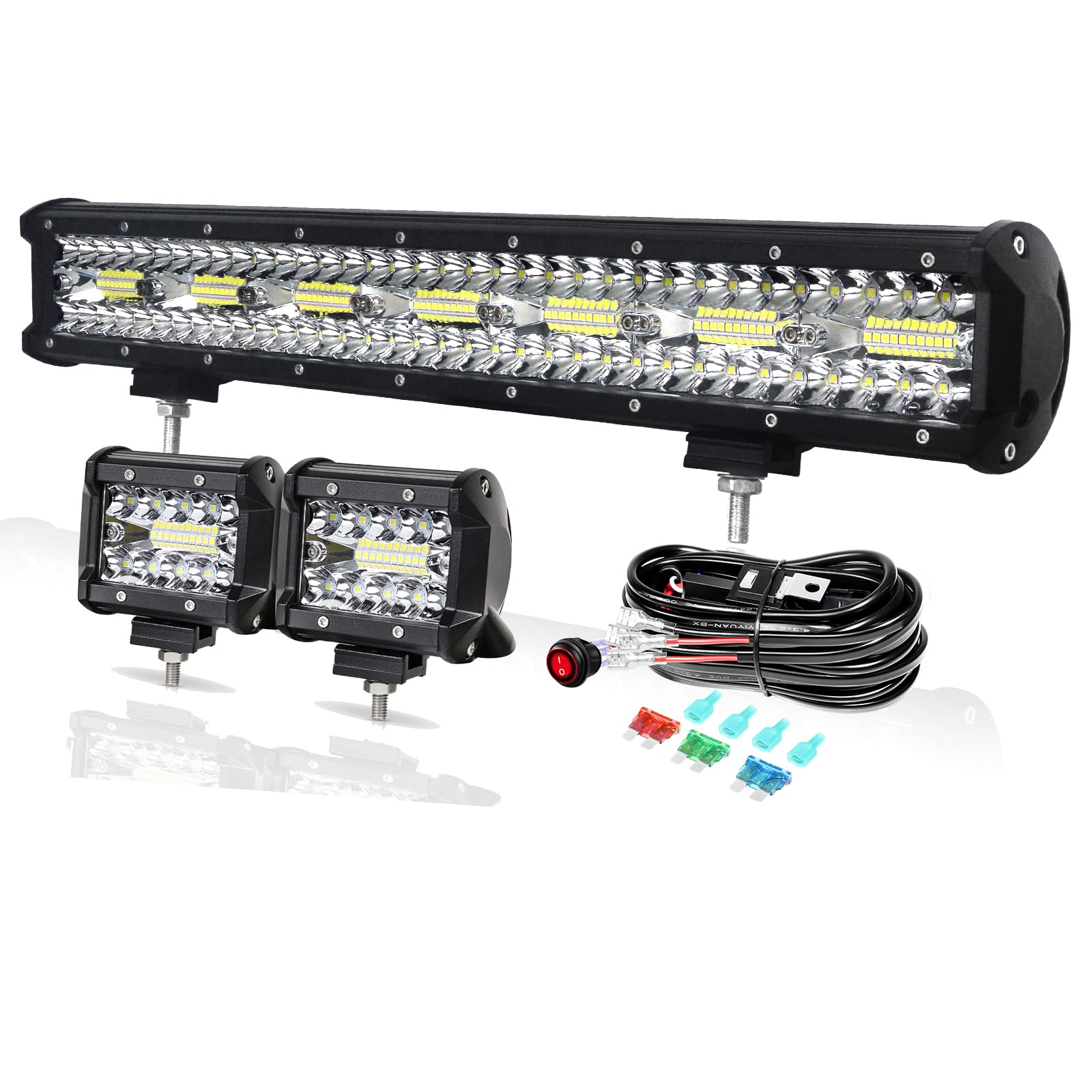 PICAA 20", 420 W LED Lightbar + 2 x 4 36 W reflektor roboczy LED + wiązka kabli, trójrzędowe belki świetlne LED, 12 V, 24 V, do samochodu, offroad, 4 x 4, dodatkowy reflektor punktowy