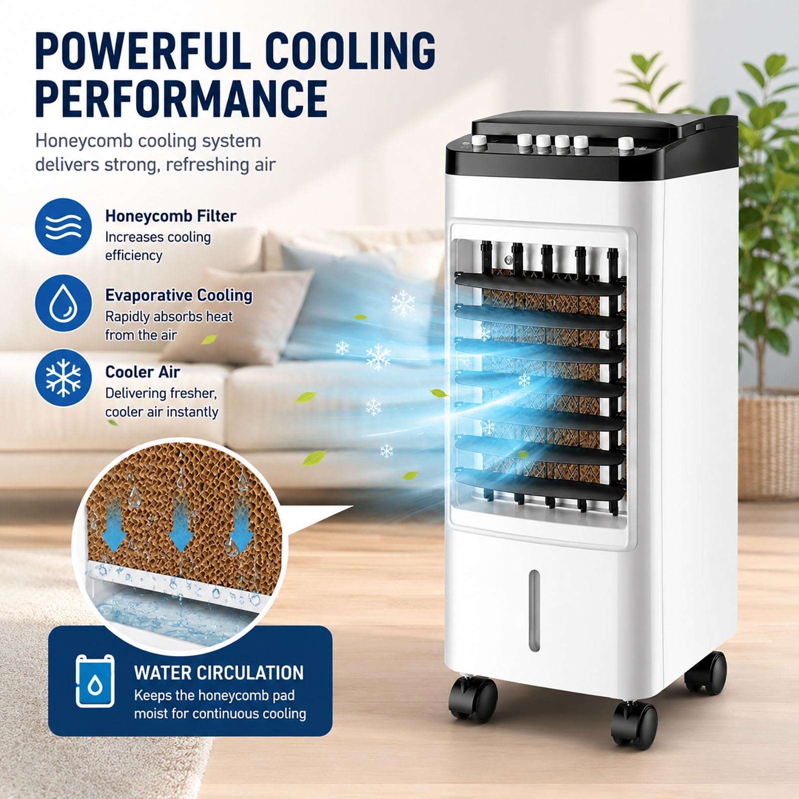 Rinfrescatore d'Aria Evaporativo 3-in-1 per Casa, Umidificatore e Ventilatore Portatile 4 Ghiaccioli, 3 Velocità, Oscillazione 120°, Ultra Silenzioso per Camera da Letto, Soggiorno, Ufficio