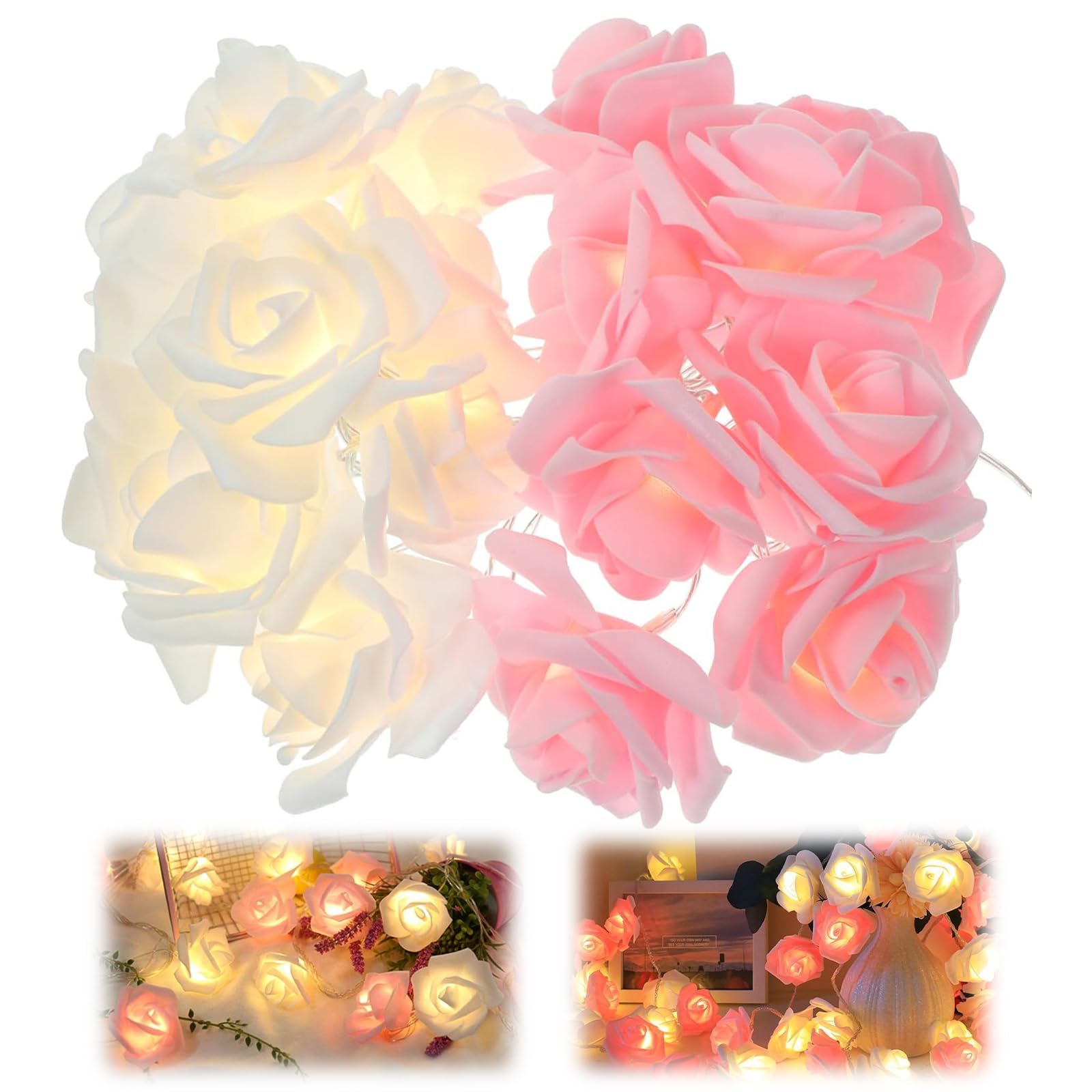 Pink and White Rose LED String Lights, 3 Meter 20 LED Strings Lights, Artificial Rose Garland Light, Battery Operated LED String Lights, Waterproof Outdoor Fairy Lights for Indoor Outdoor Decoration
