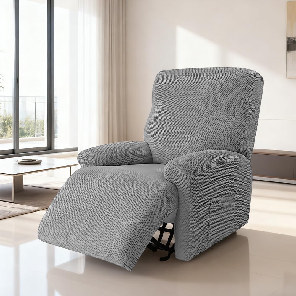 NAVESO 4 Pezzi Copripoltrona Relax Reclinabile, Copri Poltrona Elettrica con Tasche, Copripoltrona 1 Posto con Braccioli Elasticizzato per Poltrona TV, Poltronas Reclinabile (Grigio Chiaro)