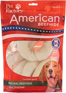 Pet Factory American Beefhide 3-4" Donuts Dog Chews - Natural Rawhide Treats for Small Dogs, 8 Count Pack