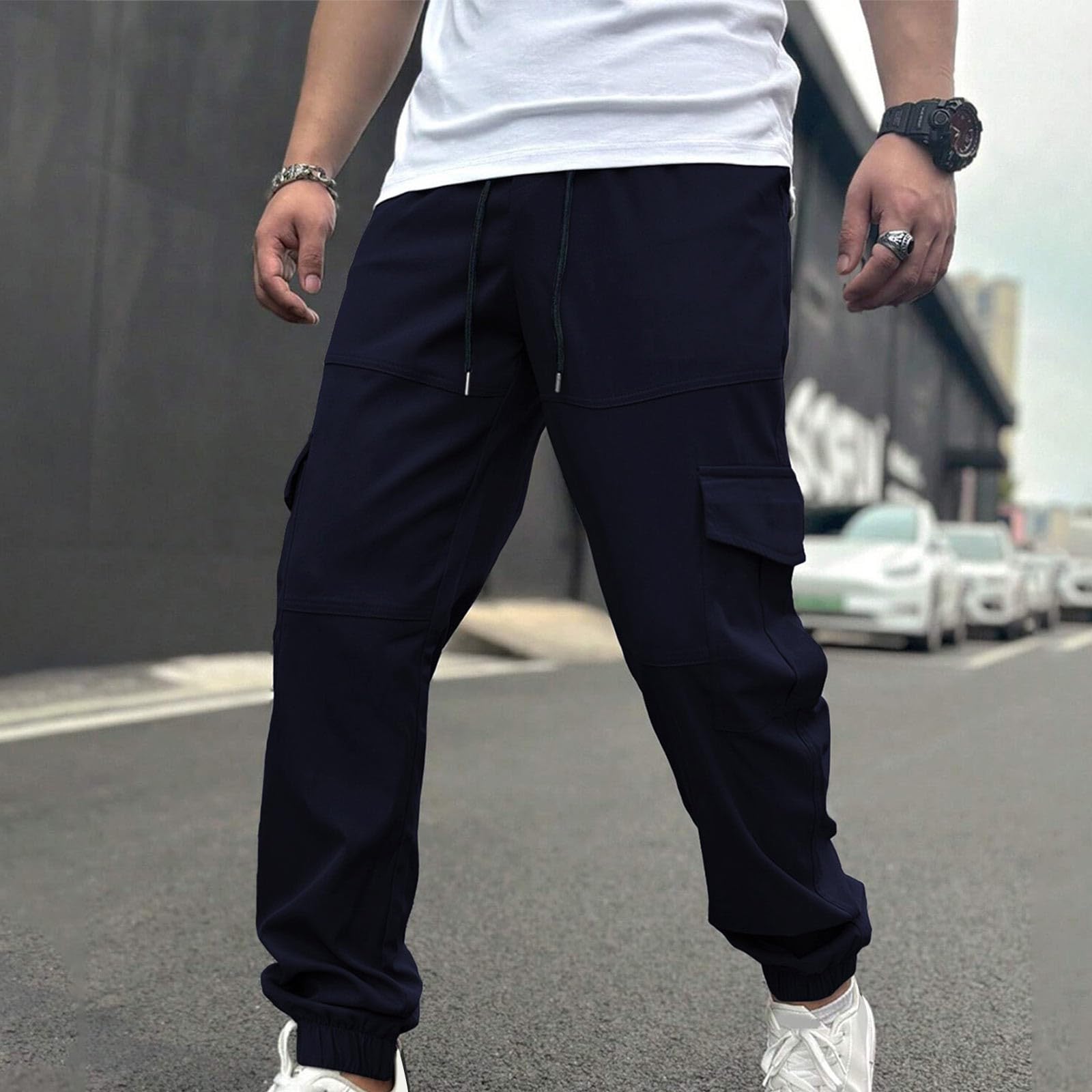 Generisch Pantaloni cargo da uomo lunghi: pantaloni outdoor con coulisse, pantaloni da lavoro con molte tasche, pantaloni sportivi con polsini, leggeri, traspiranti, per il tempo libero, tutti i