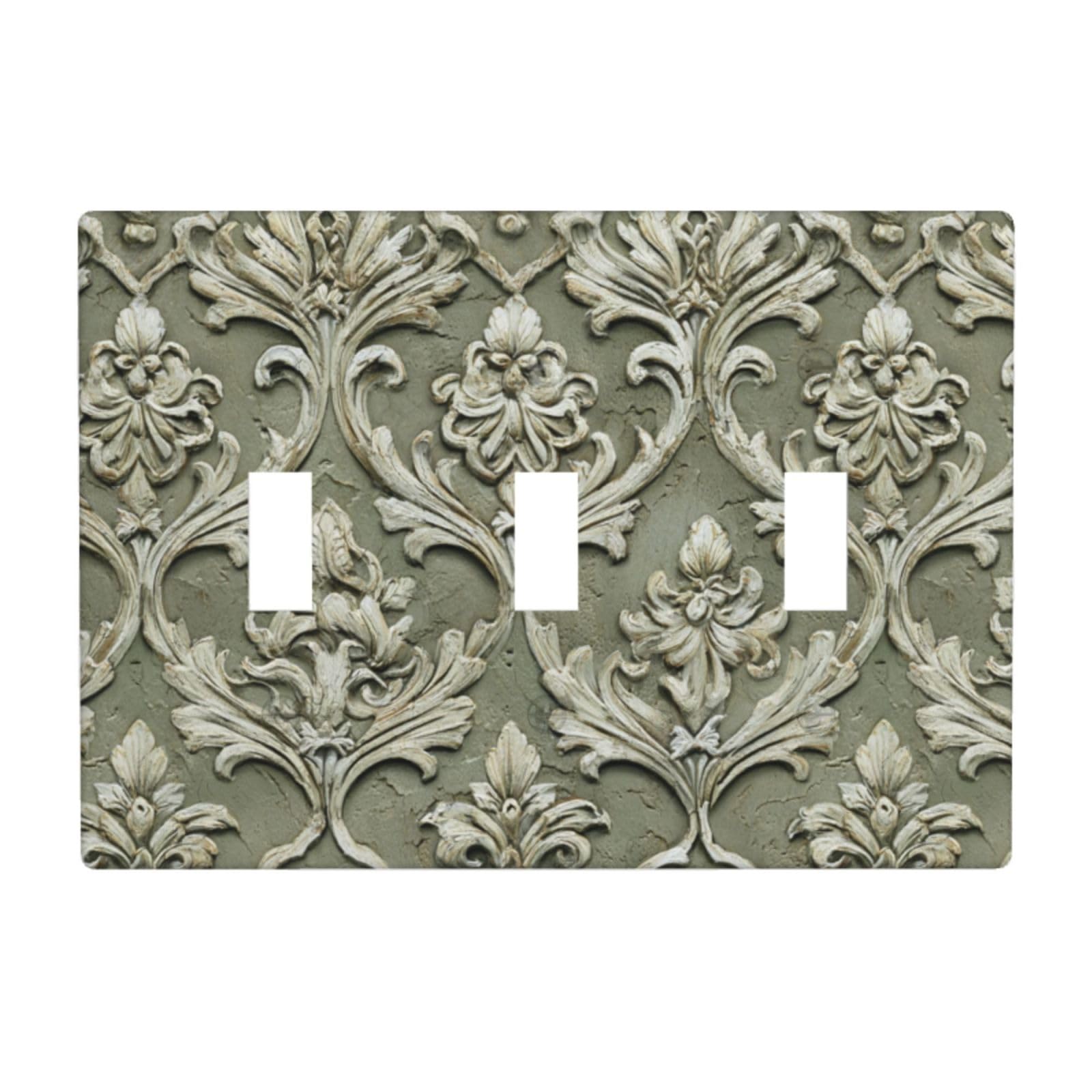 Woshuwo White Acanthus Damask Lattice Motif Olive Gray Light Switch Covers 3 Gang Triple Toggle Wall Plate Switchplate Electrical Faceplate For Bathroom Kitchen Bedroom Decor