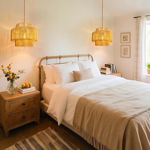 Miniatura 5 de Lámpara colgante de techo de ratán con cable de enchufe para sala de estar, dormitorio, cocina, interior, lámpara colgante enchufable con pantalla