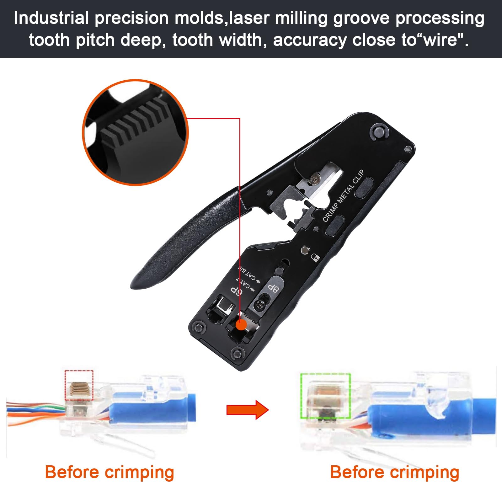 QINIYEK Pince à Sertir Kit, D'outils à Sertir RJ45 Tout-en-un Ethernet Pour Connecteurs Cat5e, Cat6, Cat6a Avec 50 Connecteurs RJ45 Et 50 Couvercles, 1 Mini Pince à Dénuder